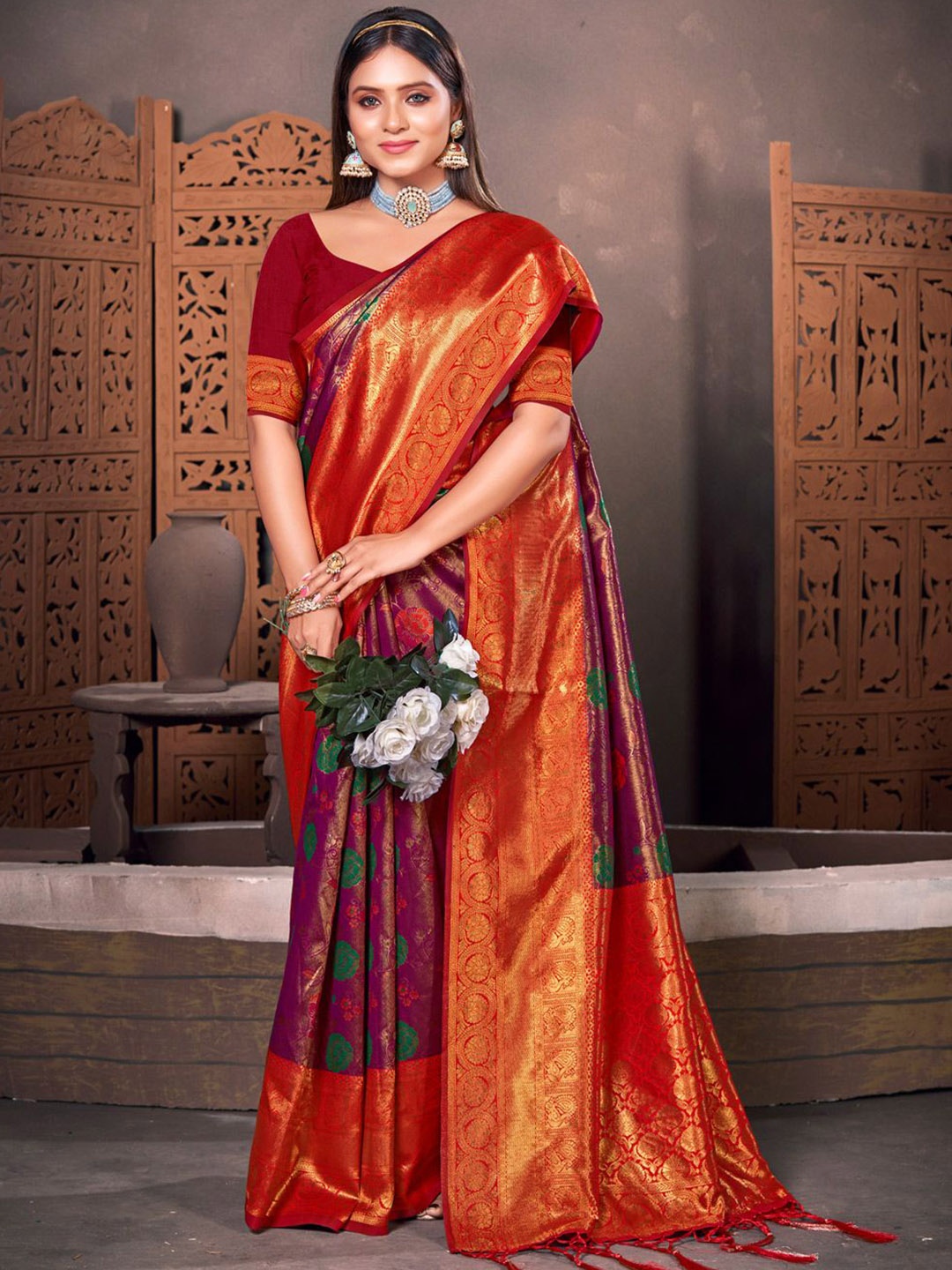 

Exclusiva Ethnic Motif Zari Woven Kanjivaram Saree, Purple