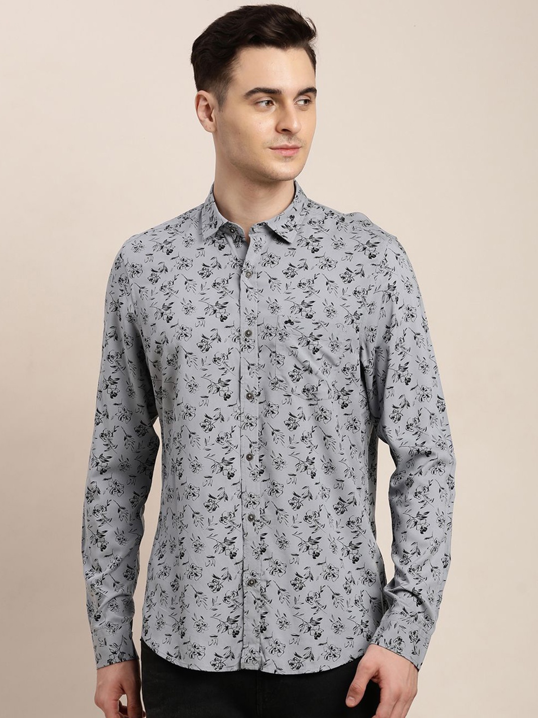 

Turtle Men Floral Printed Relaxed Slim Fit Opaque Casual Shirt, Grey