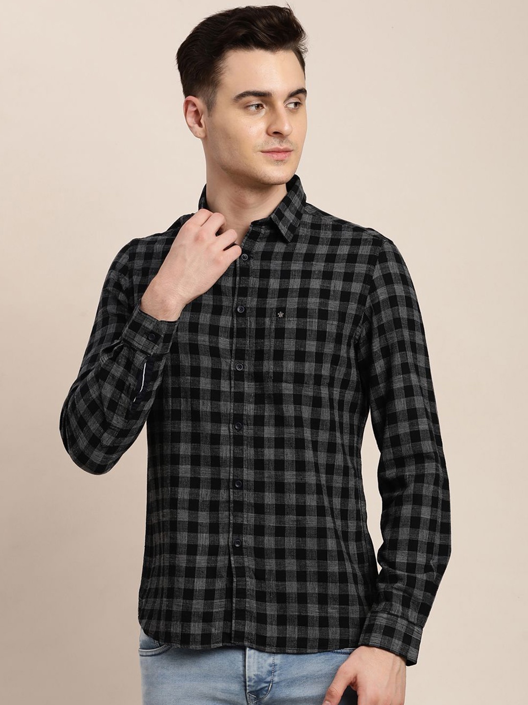 

Turtle Men Checked Buffalo Checks Relaxed Slim Fit Opaque Casual Shirt, Black