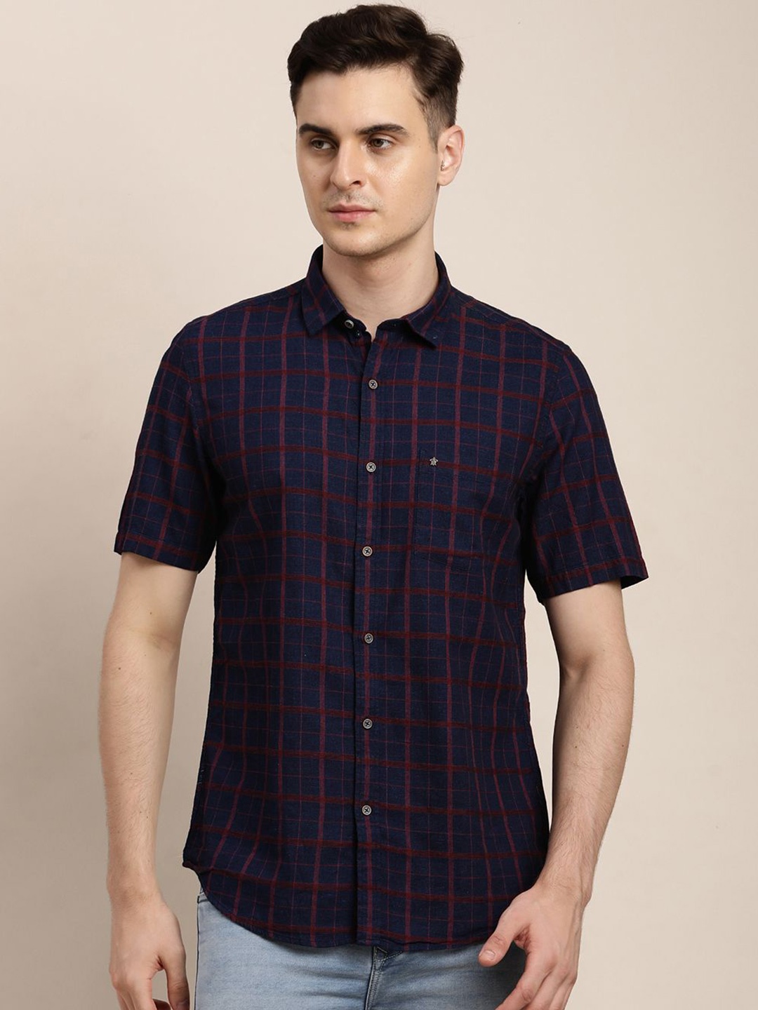 

Turtle Men Relaxed Slim Fit Tartan Checks Opaque Checked Casual Shirt, Navy blue