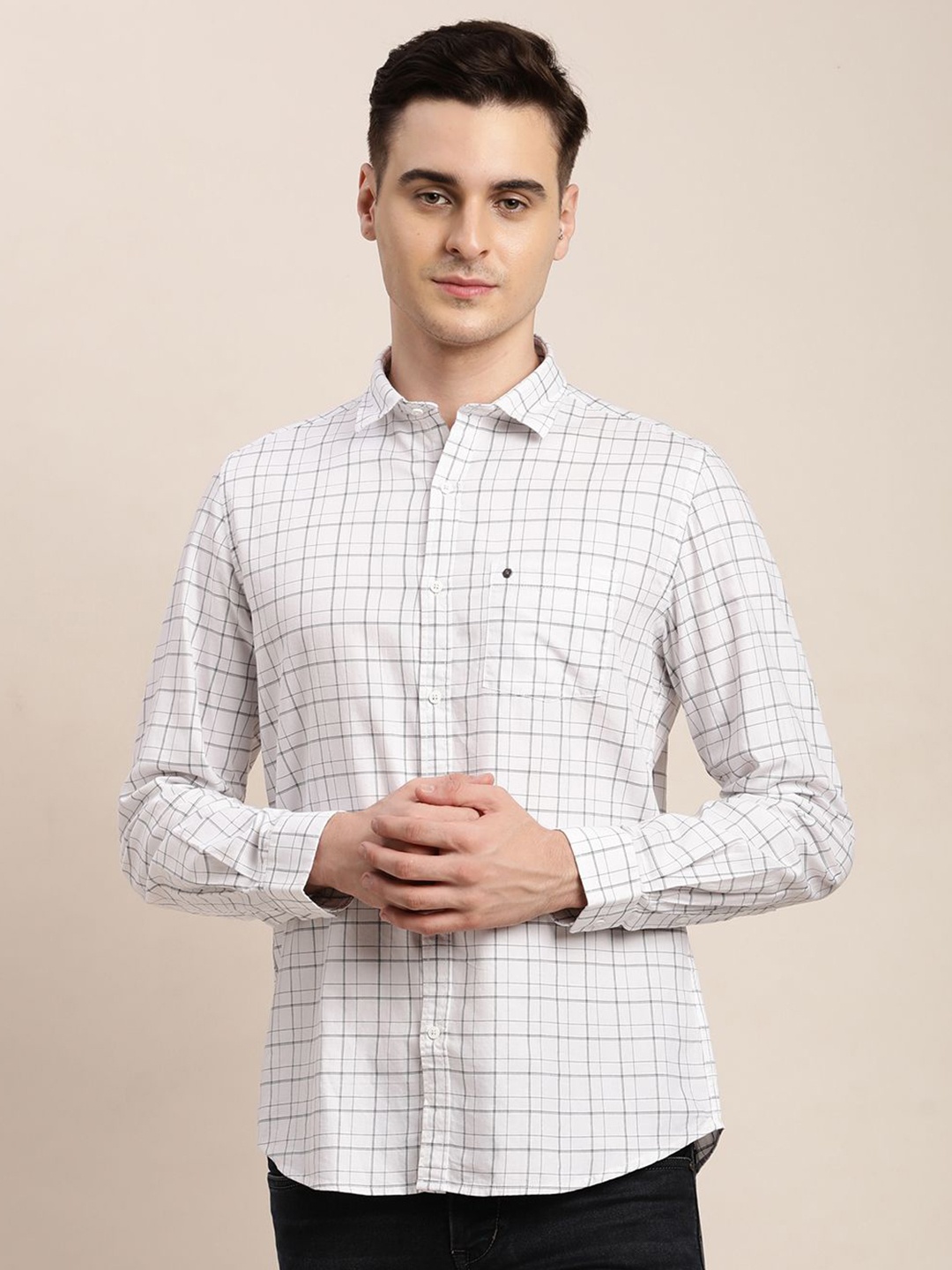 

Turtle Men Checked Fit Grid Tattersall Checks Relaxed Slim Opaque Casual Shirt, White