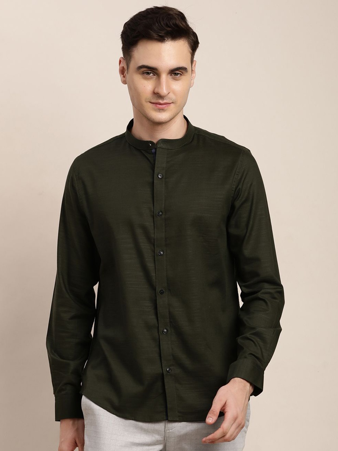 

Turtle Men Premium Slim Fit Mandarin Collar Party Shirt, Olive