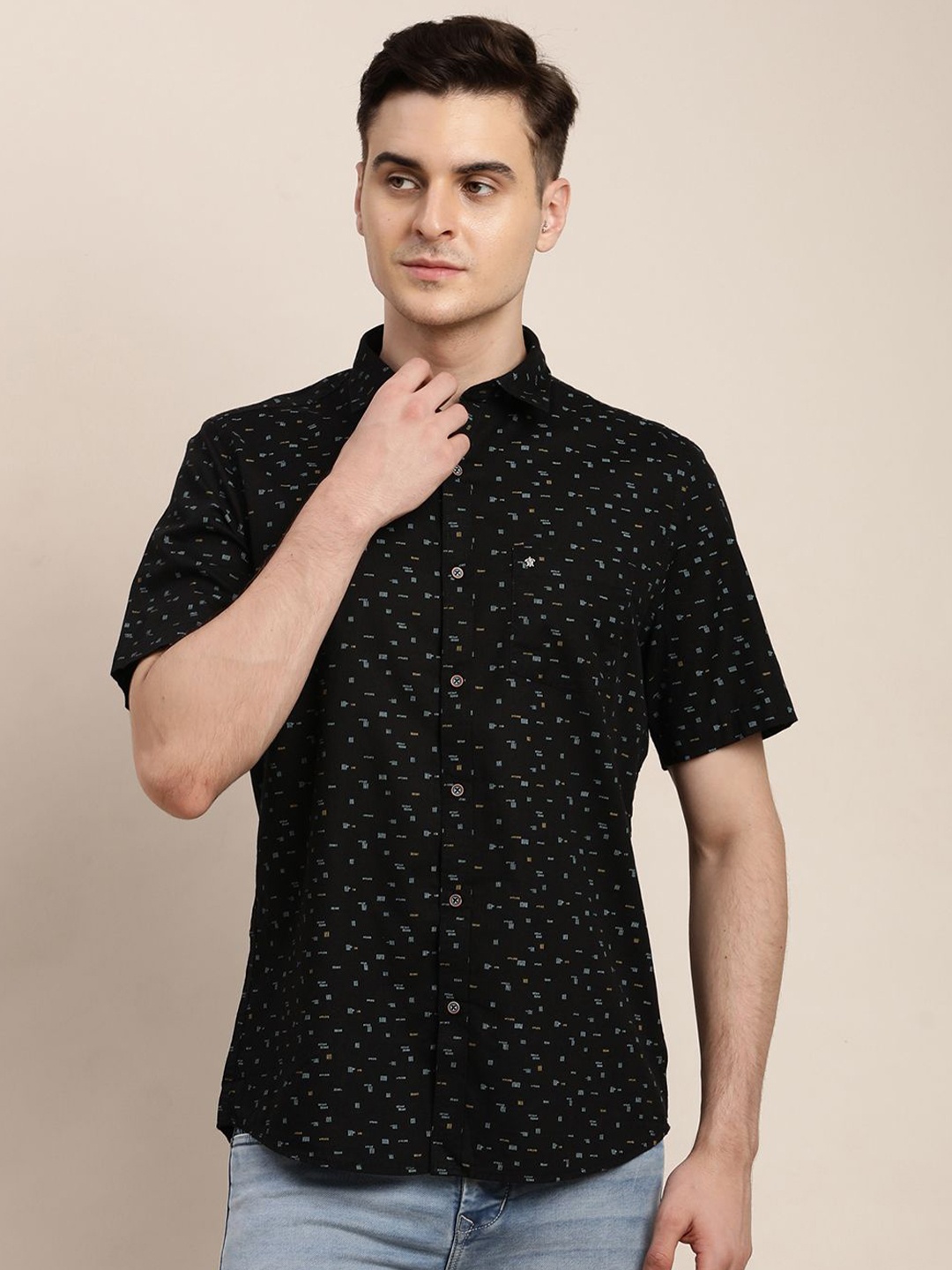 

Turtle Men Relaxed Slim Fit Micro Ditsy Printed Casual Shirt, Black