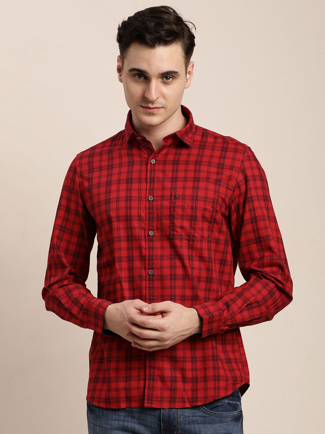 

Turtle Men Relaxed Slim Fit Tartan Checked Casual Shirt, Red