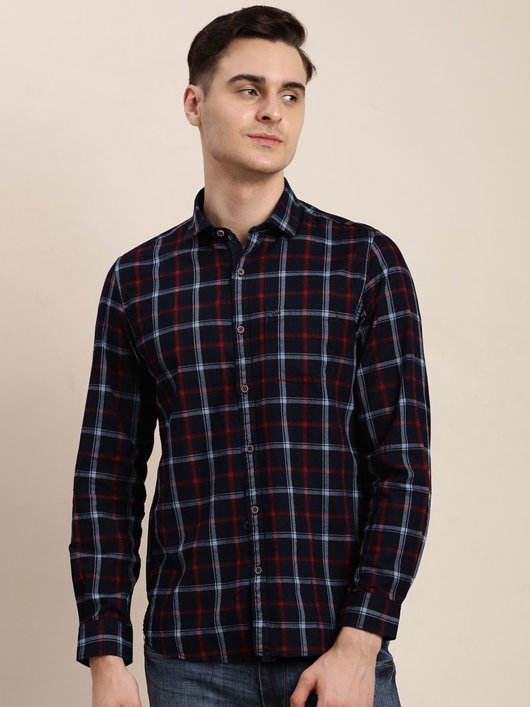 

Turtle Men Relaxed Slim Fit Tartan Checks Checked Casual Shirt, Navy blue