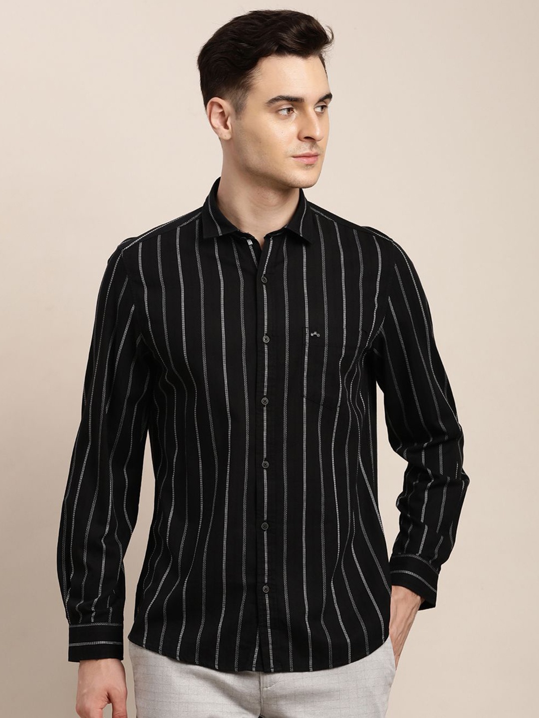 

Turtle Men Relaxed Slim Fit Striped Cotton Casual Shirt, Black