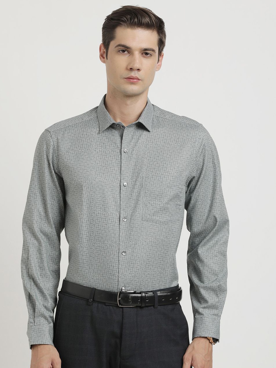 

Turtle Men Pure Cotton Classic Slim Fit Opaque Printed Formal Shirt, Grey