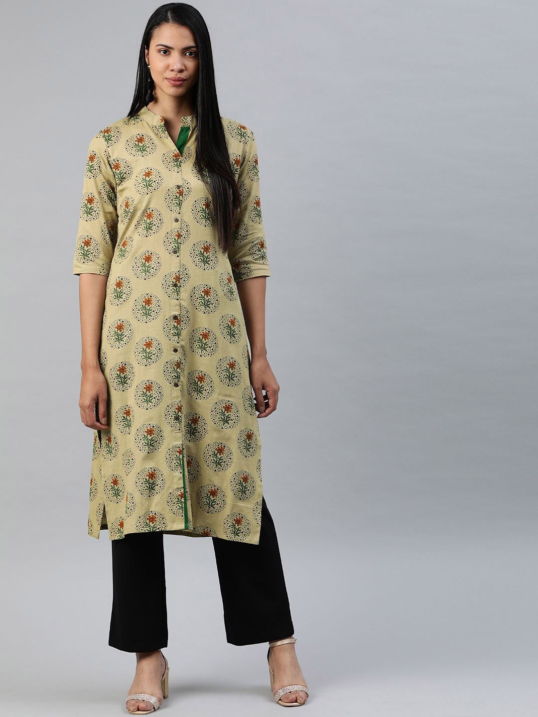 

Swishchick Floral Printed Mandarin Collar Cotton Straight Kurta, Green