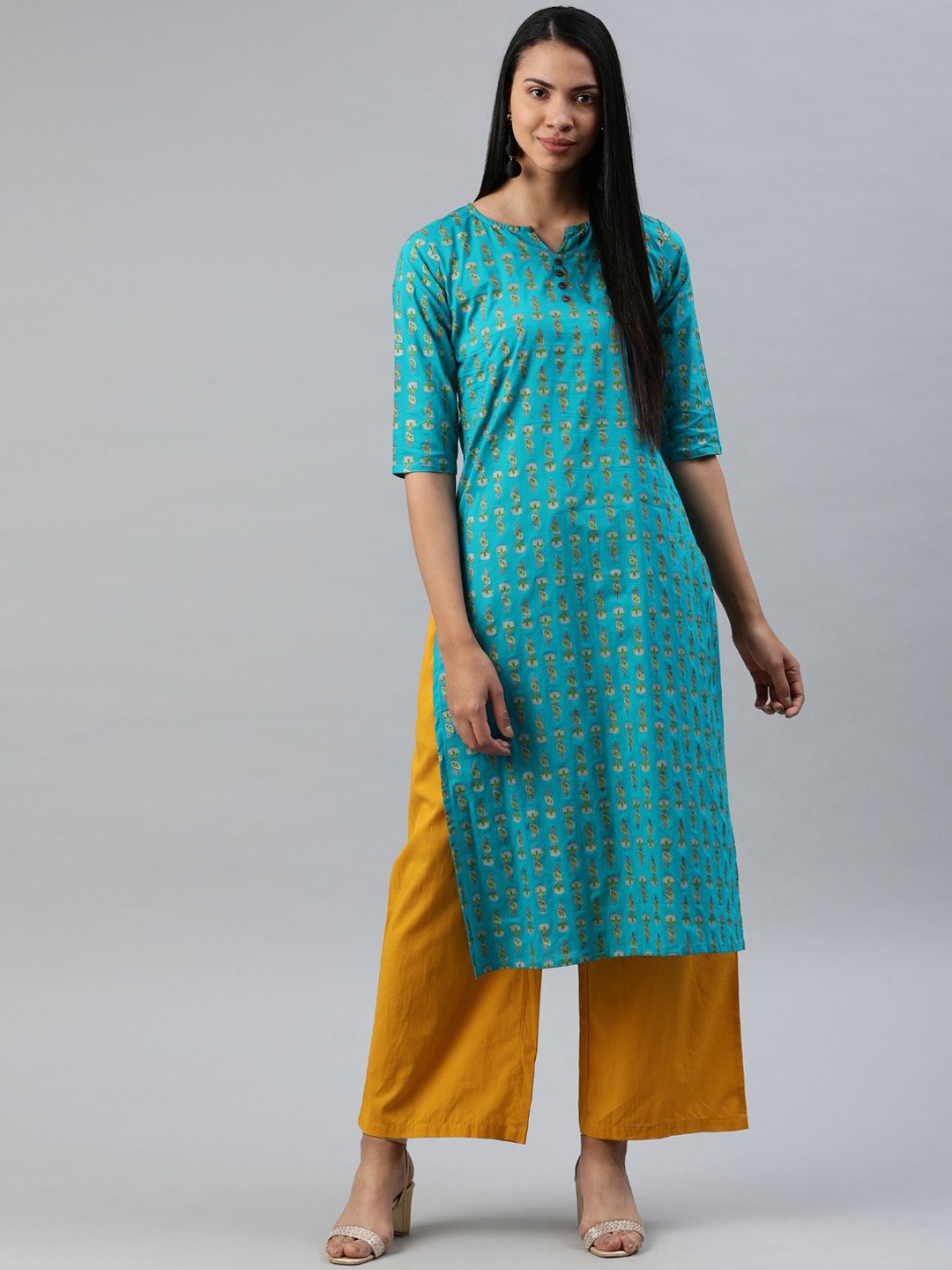 

Swishchick Floral Printed Notch neck Short Sleeves Cotton Straight Kurta, Blue