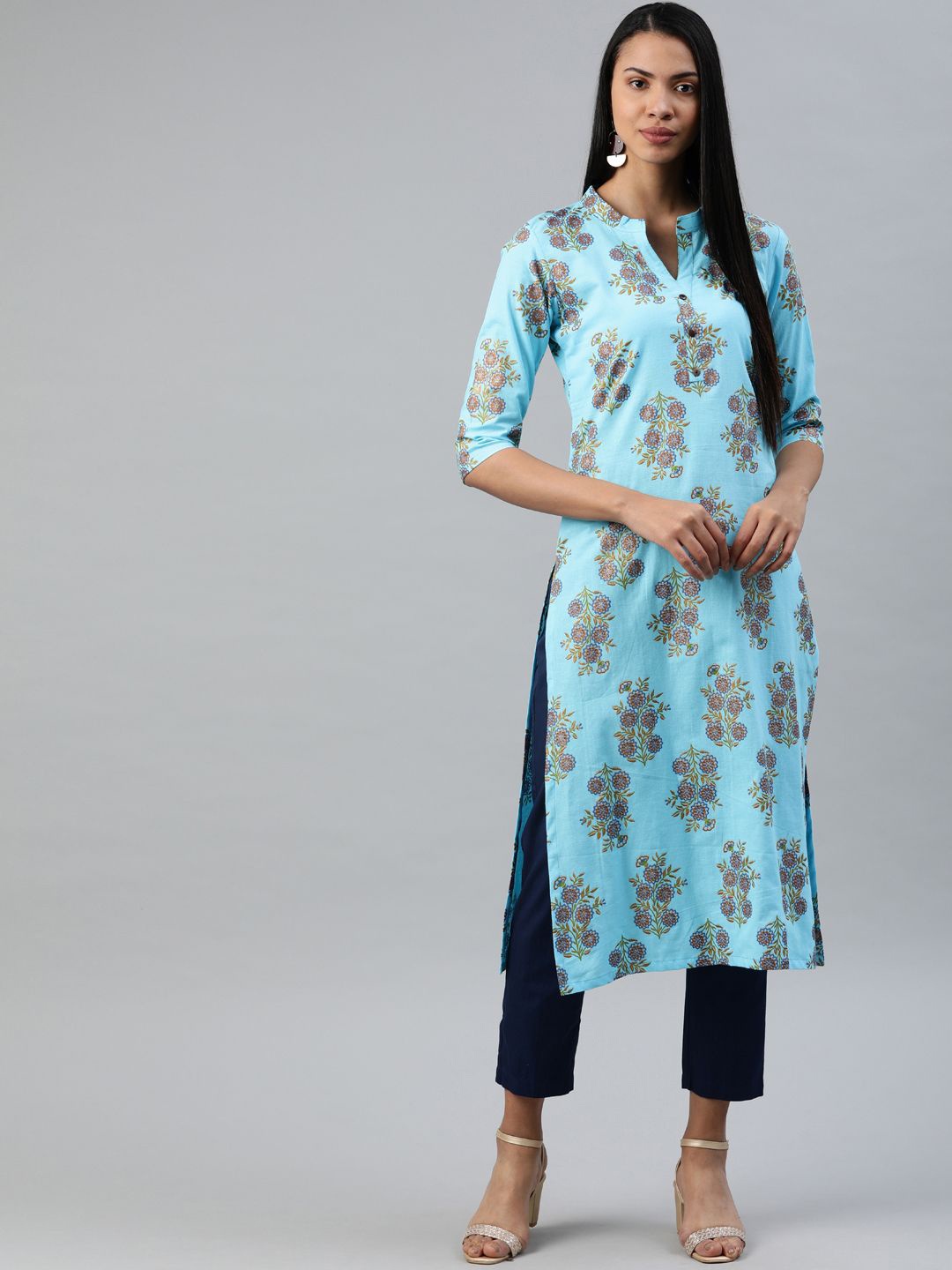 

Swishchick Floral Printed Mandarin Collar Straight Kurta, Turquoise blue