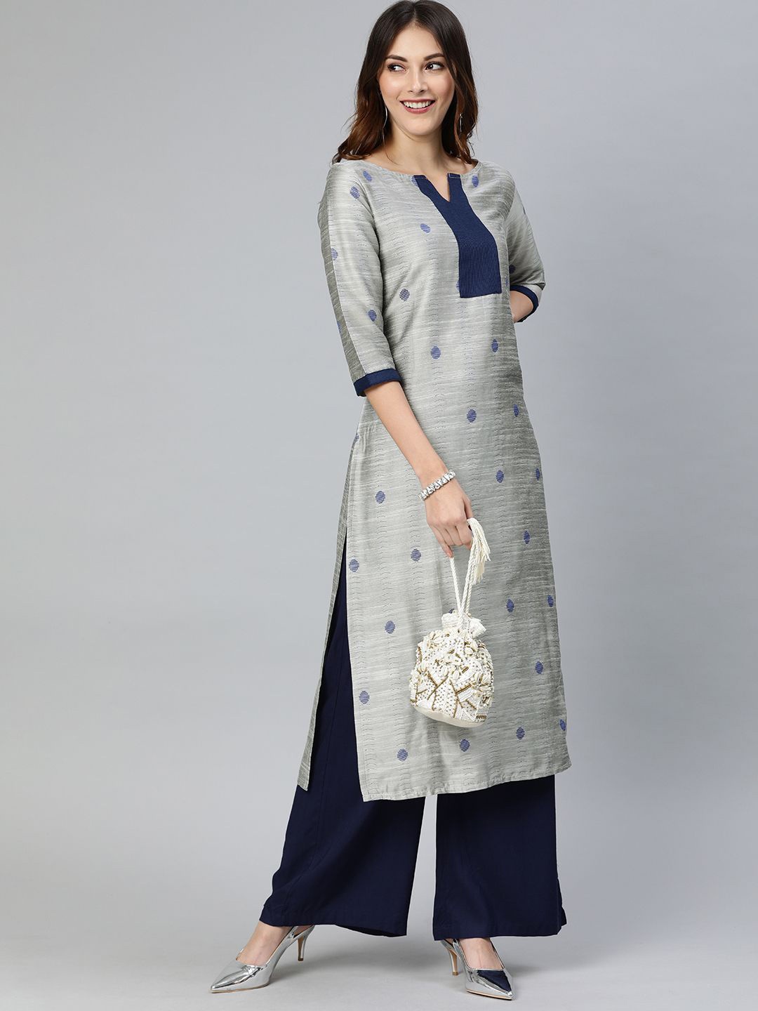 

Swishchick Geometric Woven Design Notch Neck Thread Work Straight Kurta, Grey