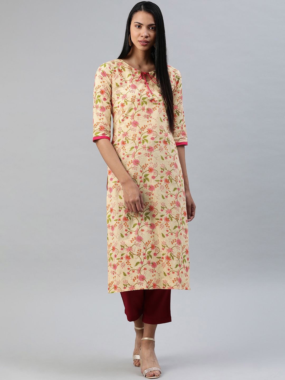 

Swishchick Floral Printed Tie-Up Neck Cotton Straight Kurta, Off white