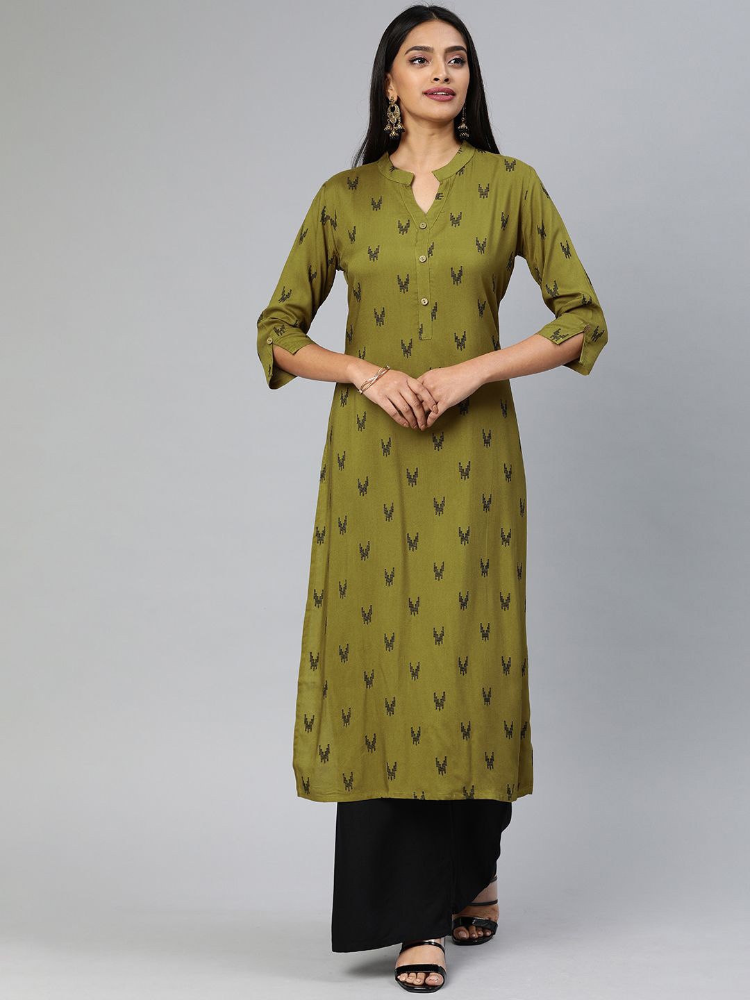 

Swishchick Geometric Printed Mandarin Collar Three-Quarter Sleeves Straight Kurta, Green