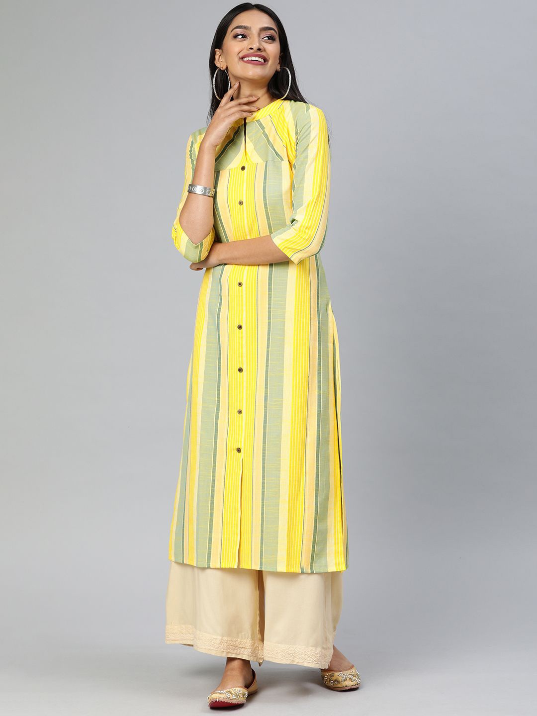 

Swishchick Striped Printed Mandarin Collar A-Line Kurta, Yellow