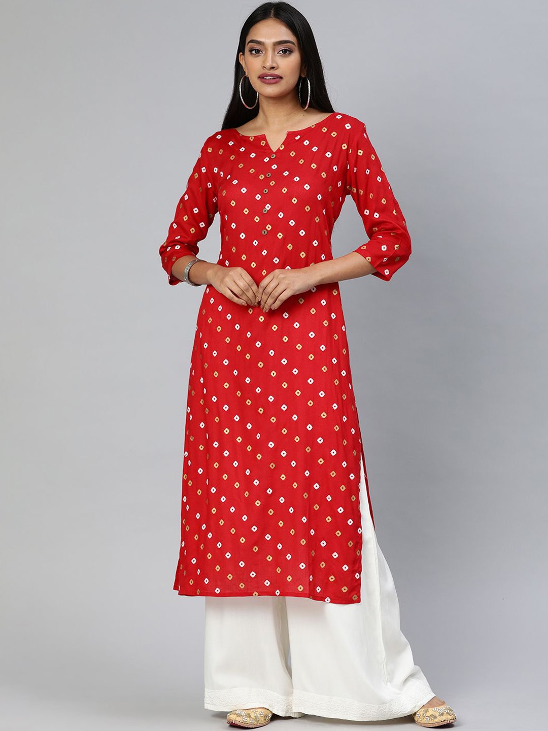 

Swishchick Bandhani Printed Notch Neck Straight Kurta, Red
