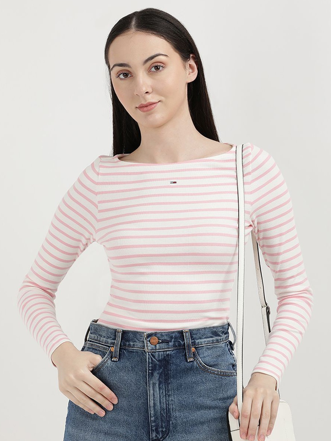 

Tommy Hilfiger Women Floral Striped High Neck Pockets Slim Fit T-shirt, Pink