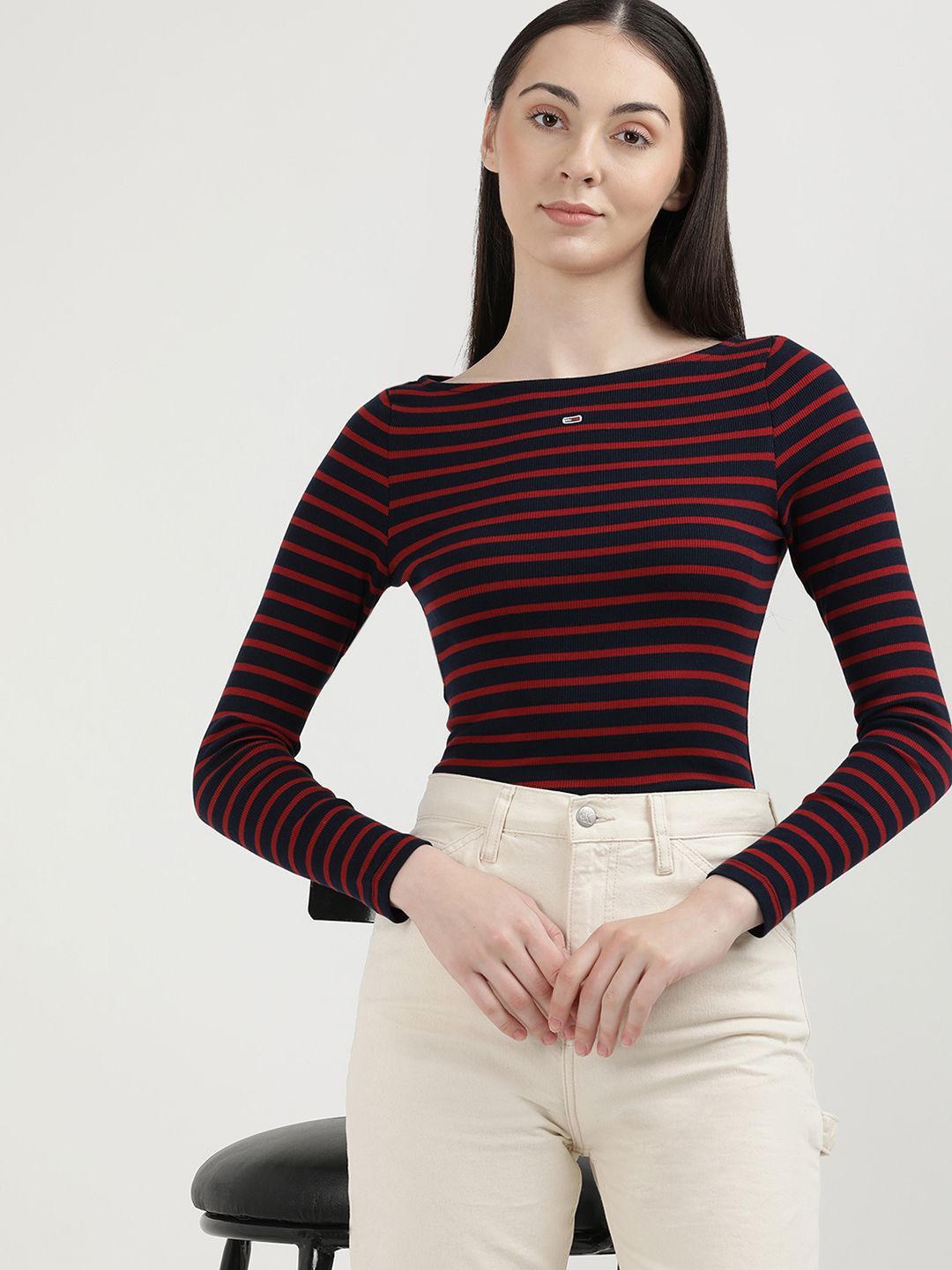 

Tommy Hilfiger Women Striped Slim Fit T-shirt, Red