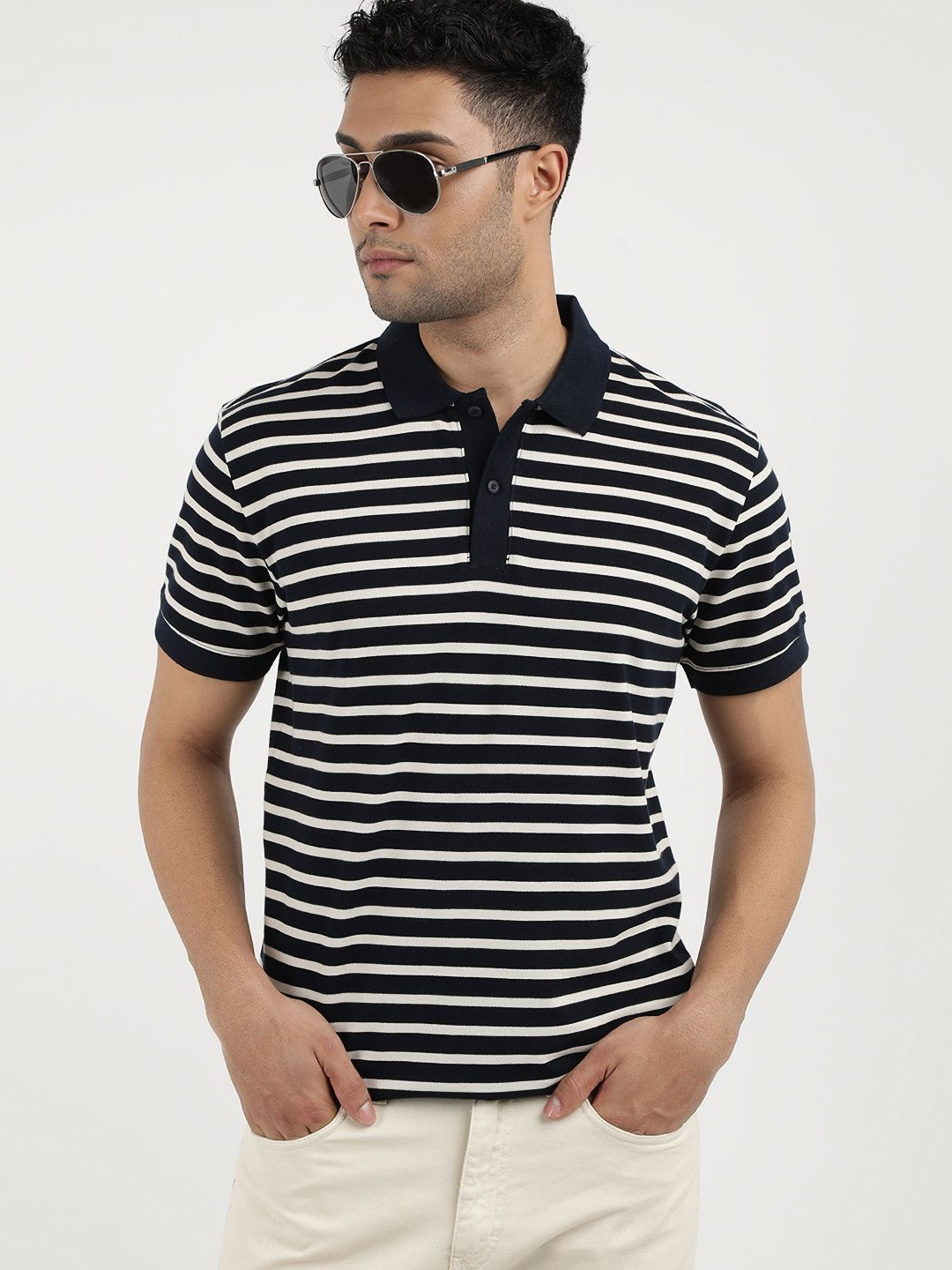 

Tommy Hilfiger Men Striped Polo Collar Regular Fit Pockets T-shirt, Blue