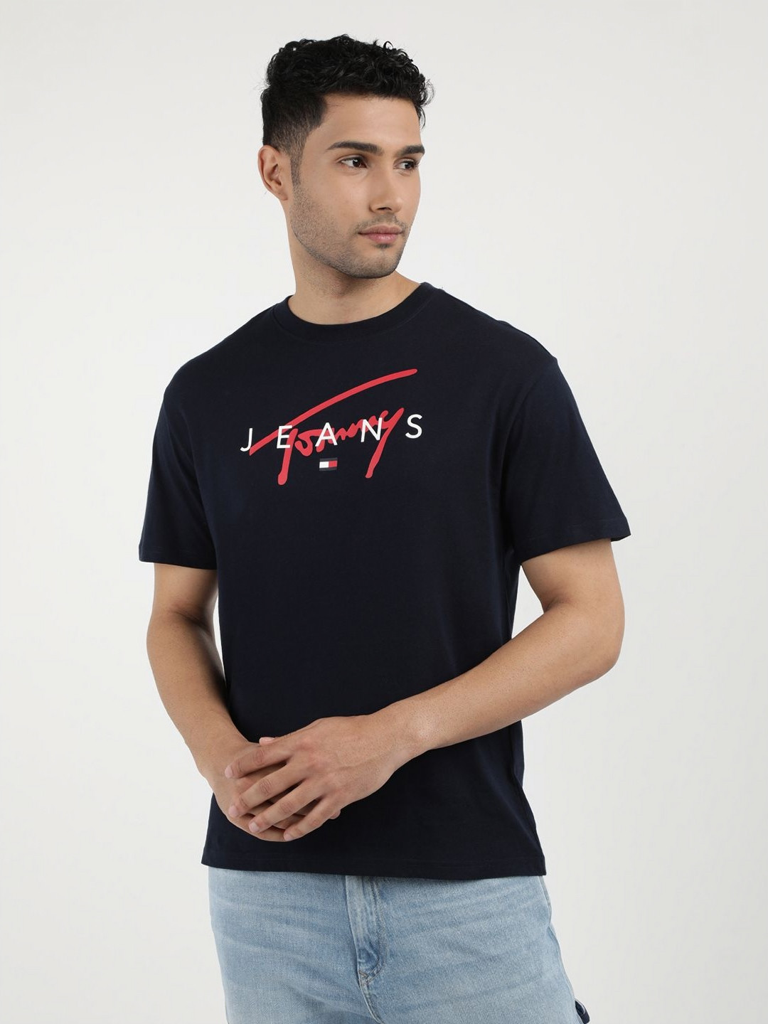

Tommy Hilfiger Men Typography Printed Regular Fit Round Neck T-shirt, Blue