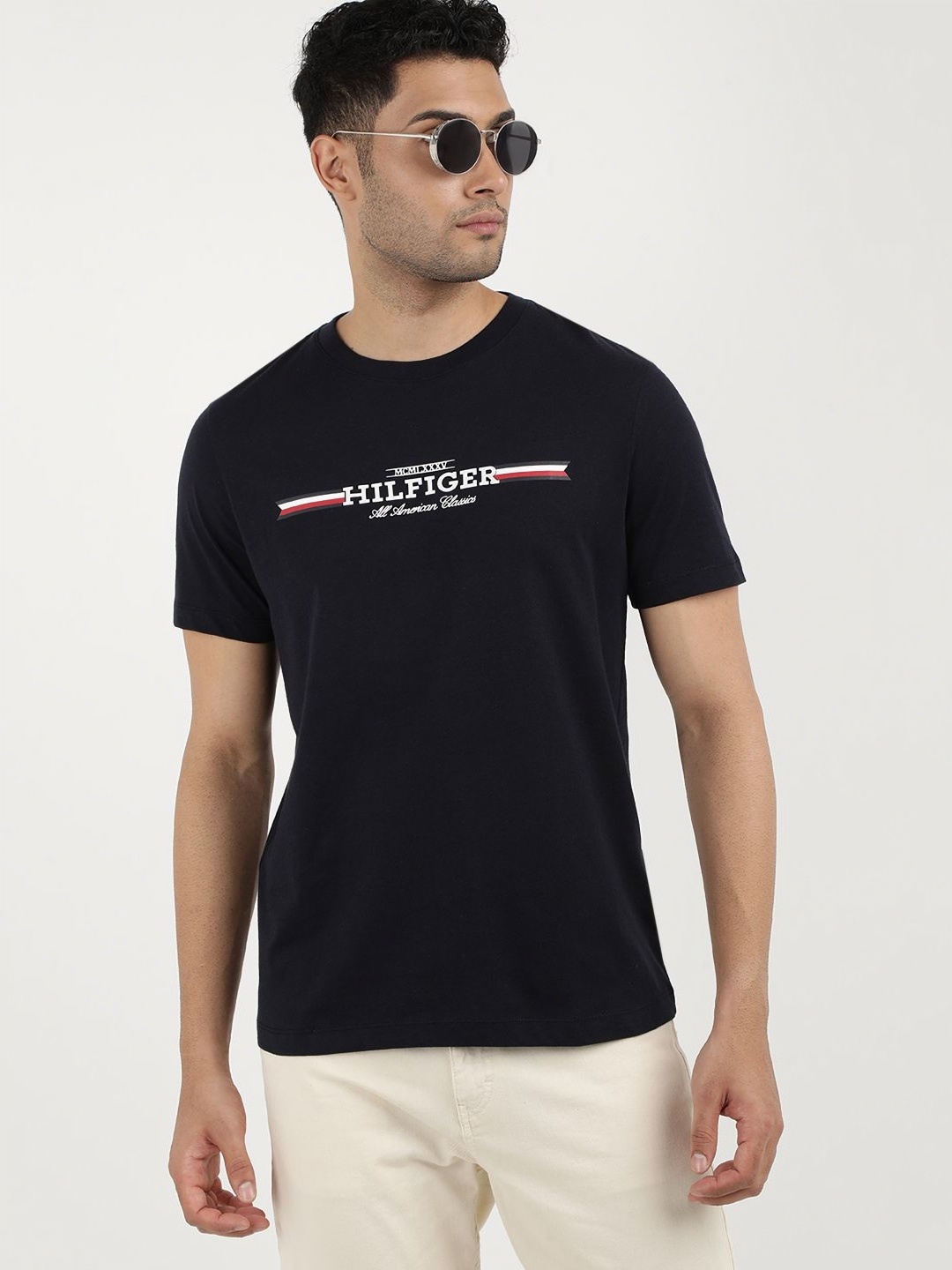 Tommy Hilfiger Men Typography Colourblocked T-shirt, Blue