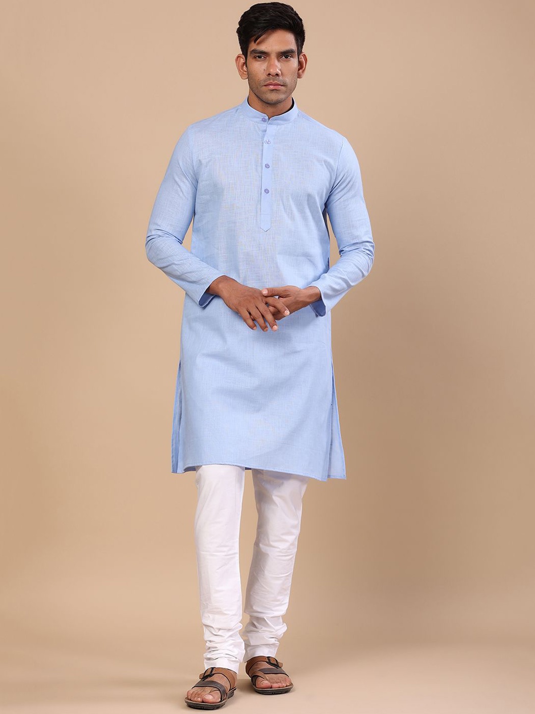 

Tistabene Band Collar Long Sleeves Linen Straight Kurta, Blue