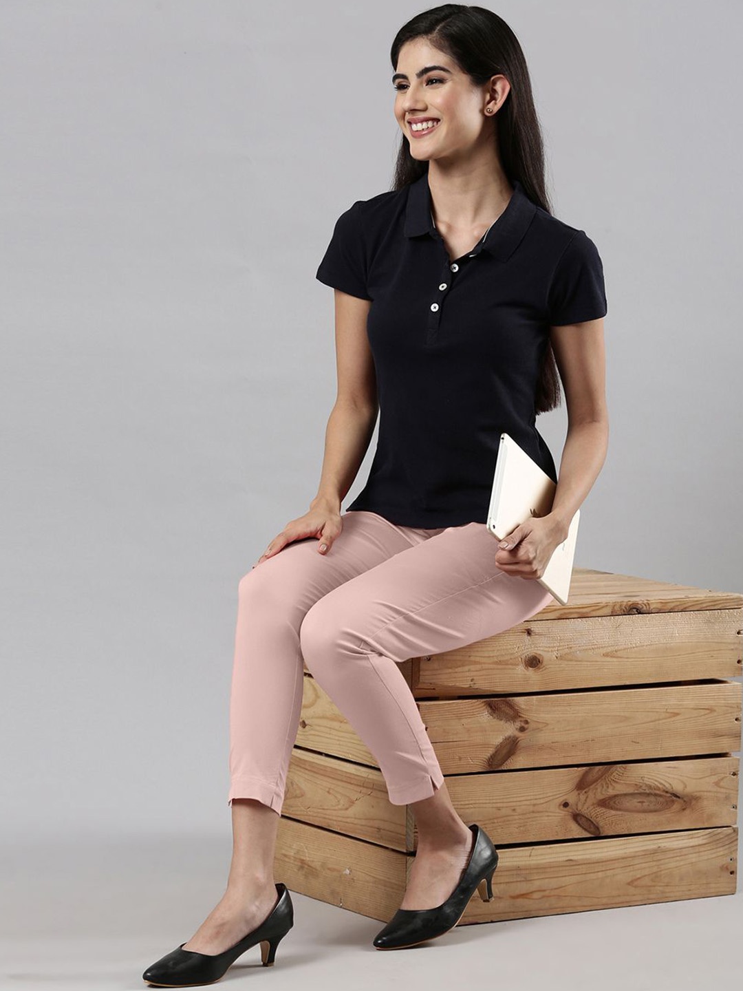 

Femmora Women Solid Comfort Slim Fit Mid-Rise Cigarette Trousers, Rose