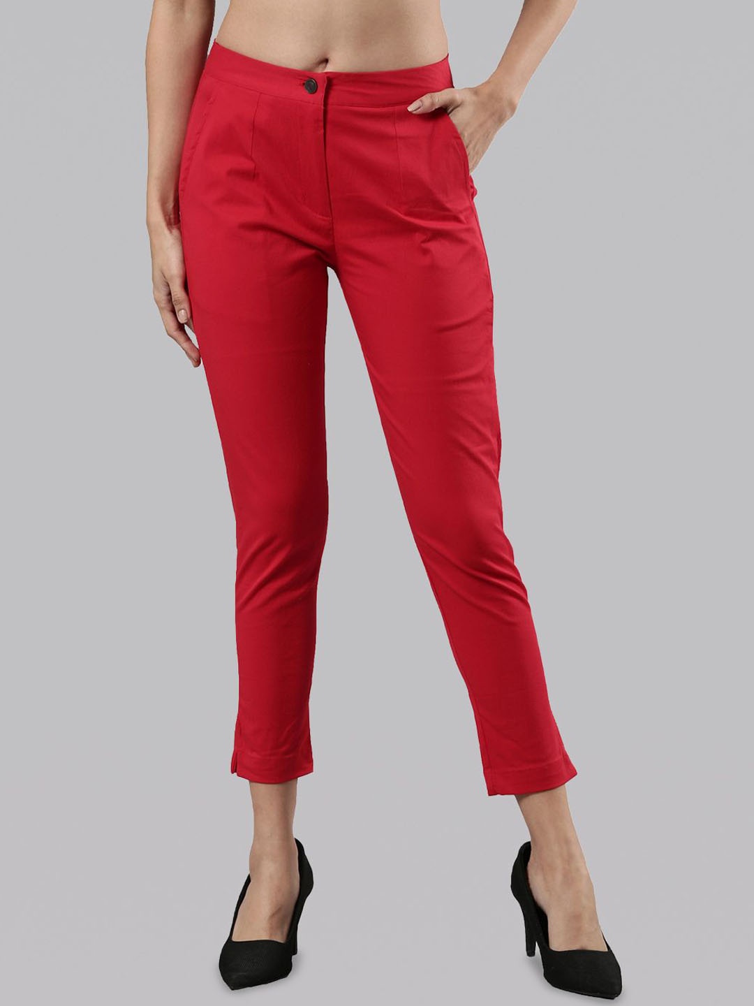 

Femmora Women Comfort Mid-Rise Cigarette Trousers, Red