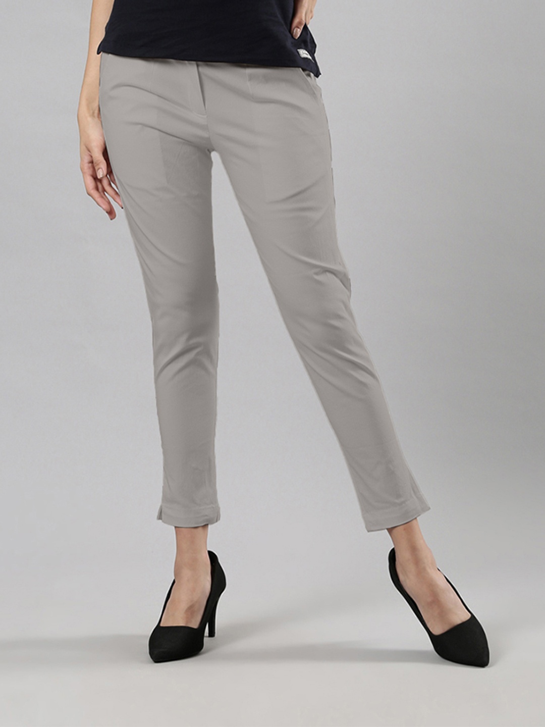 

Femmora Women Comfort Straight Fit Mid-Rise Flat-Front Trousers, Grey