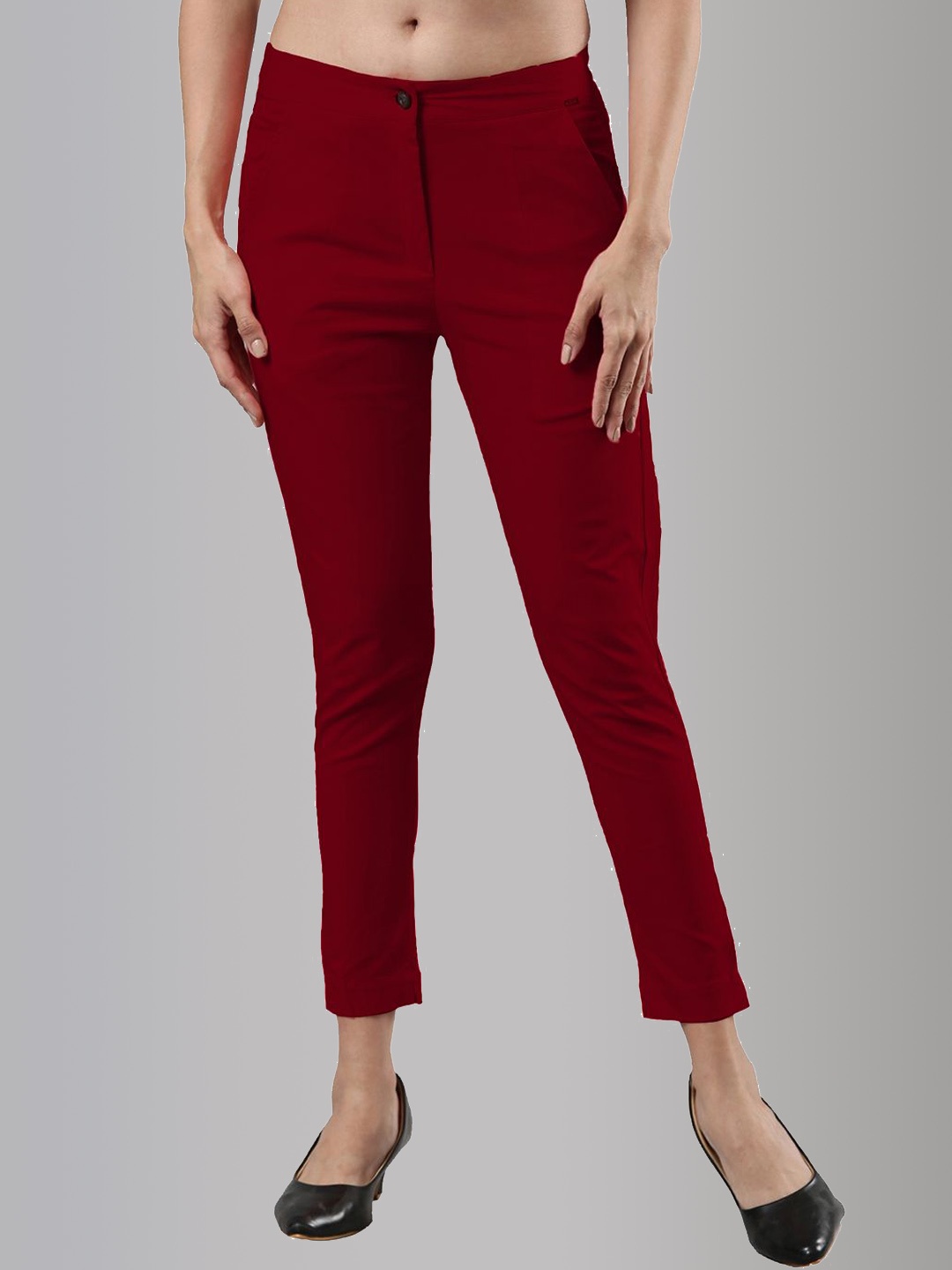 

Femmora Women Comfort Cropped Cigarette Trousers, Maroon