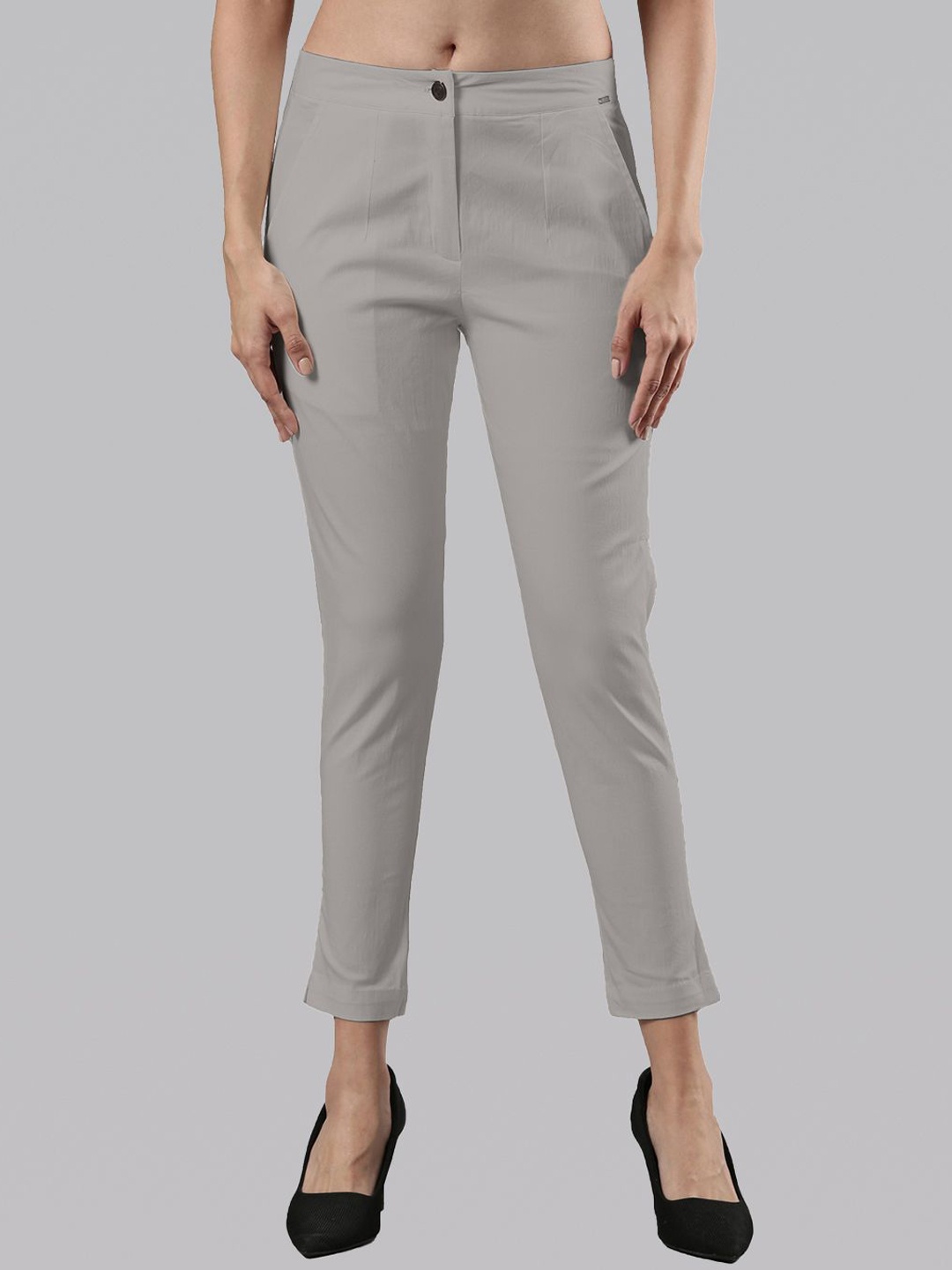 Femmora Women Comfort Straight Fit Mid-Rise Flat-Front Trousers, Grey