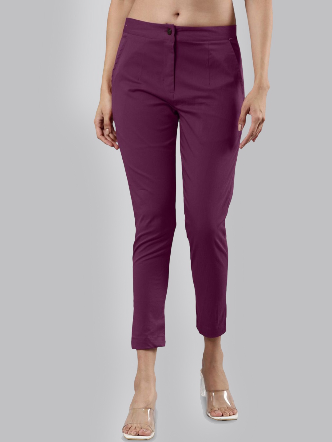 

Femmora Women Solid Mid Rise Comfort Regular Fit Cigarette Trousers, Violet