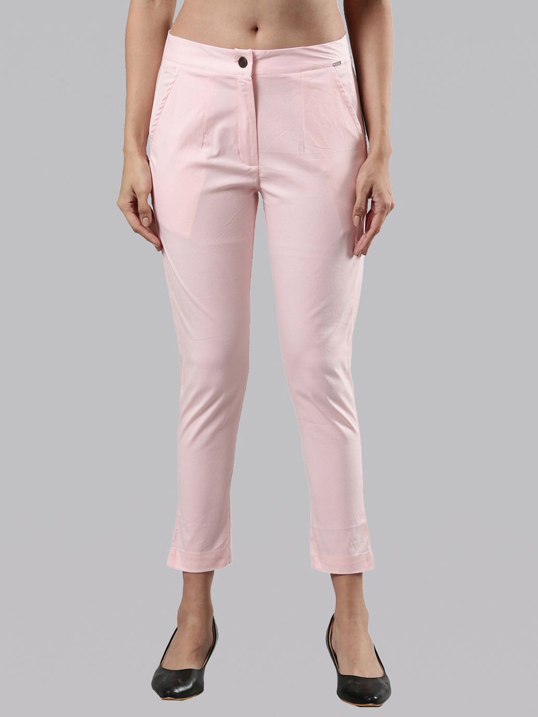 

Femmora Women Cotton Slim Fit Mid-Rise Comfort Cigarette Trousers, Pink