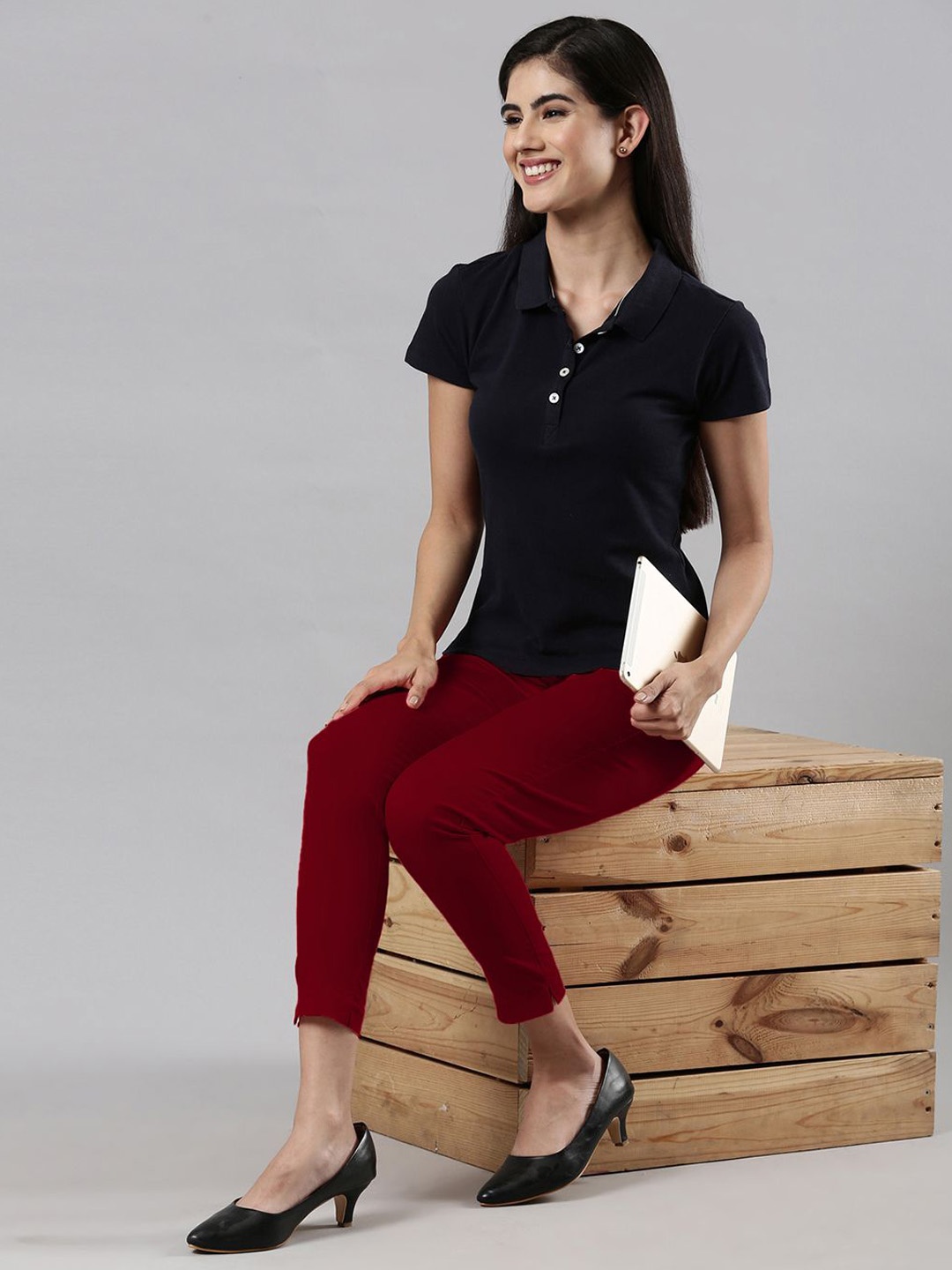 

Femmora Women Solid Mid-Rise Regular Trousers, Maroon