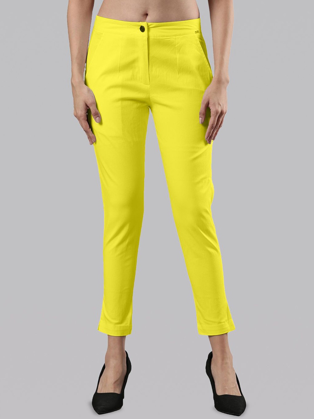 

Femmora Women Comfort Cropped Cigarette Trousers, Yellow