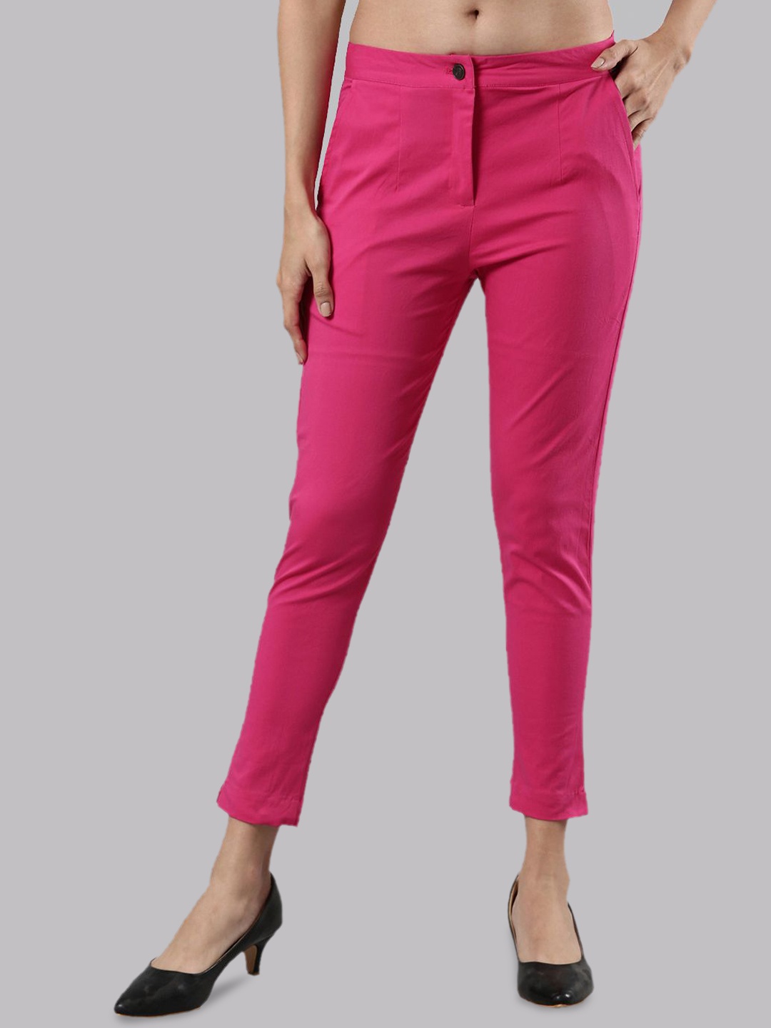 Femmora Women Comfort Straight Fit Mid-Rise Flat-Front Trousers, Fuchsia
