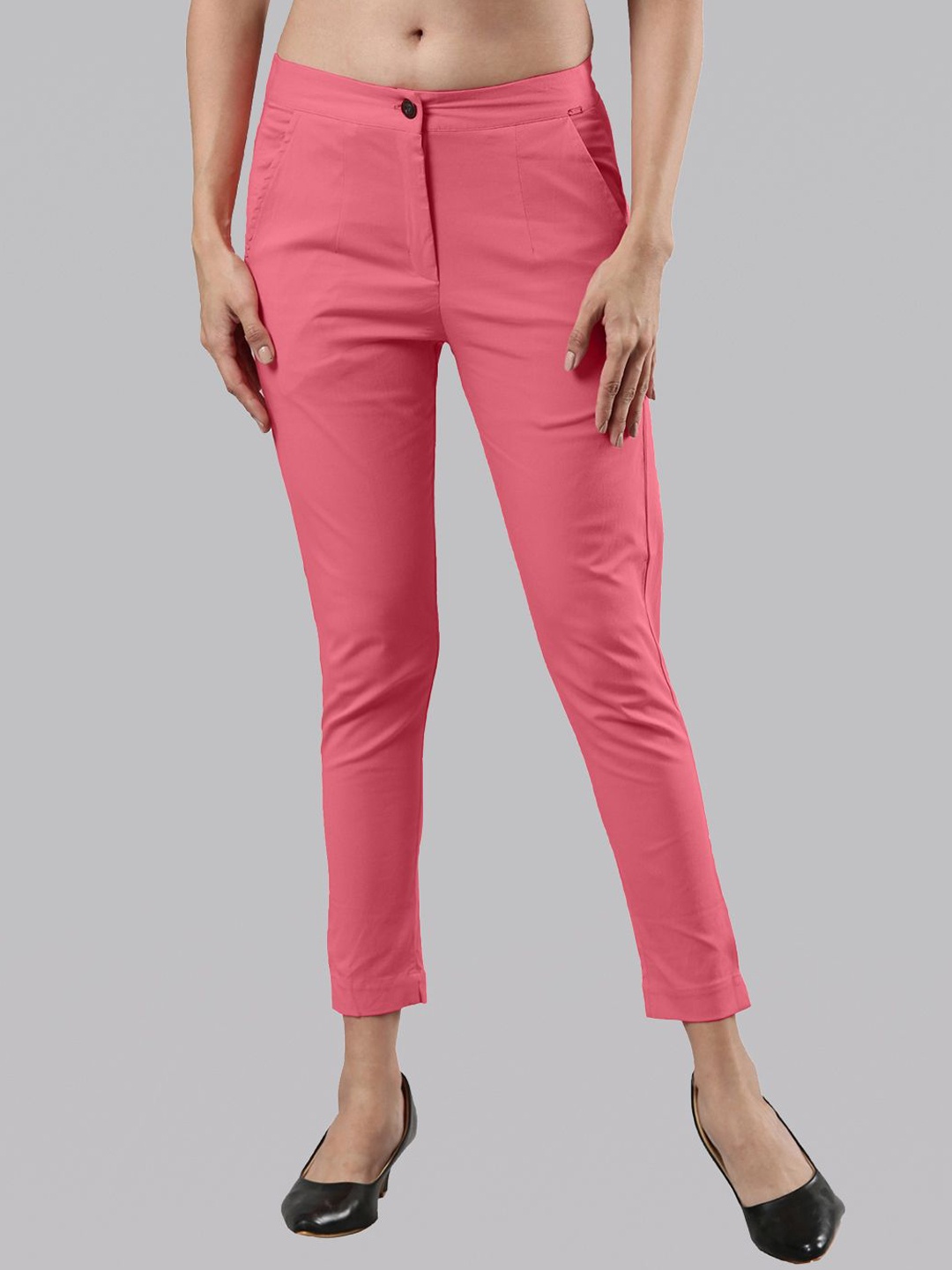 

Femmora Women Solid Mid-Rise Regular Fit Comfort Cigarette Trousers, Pink