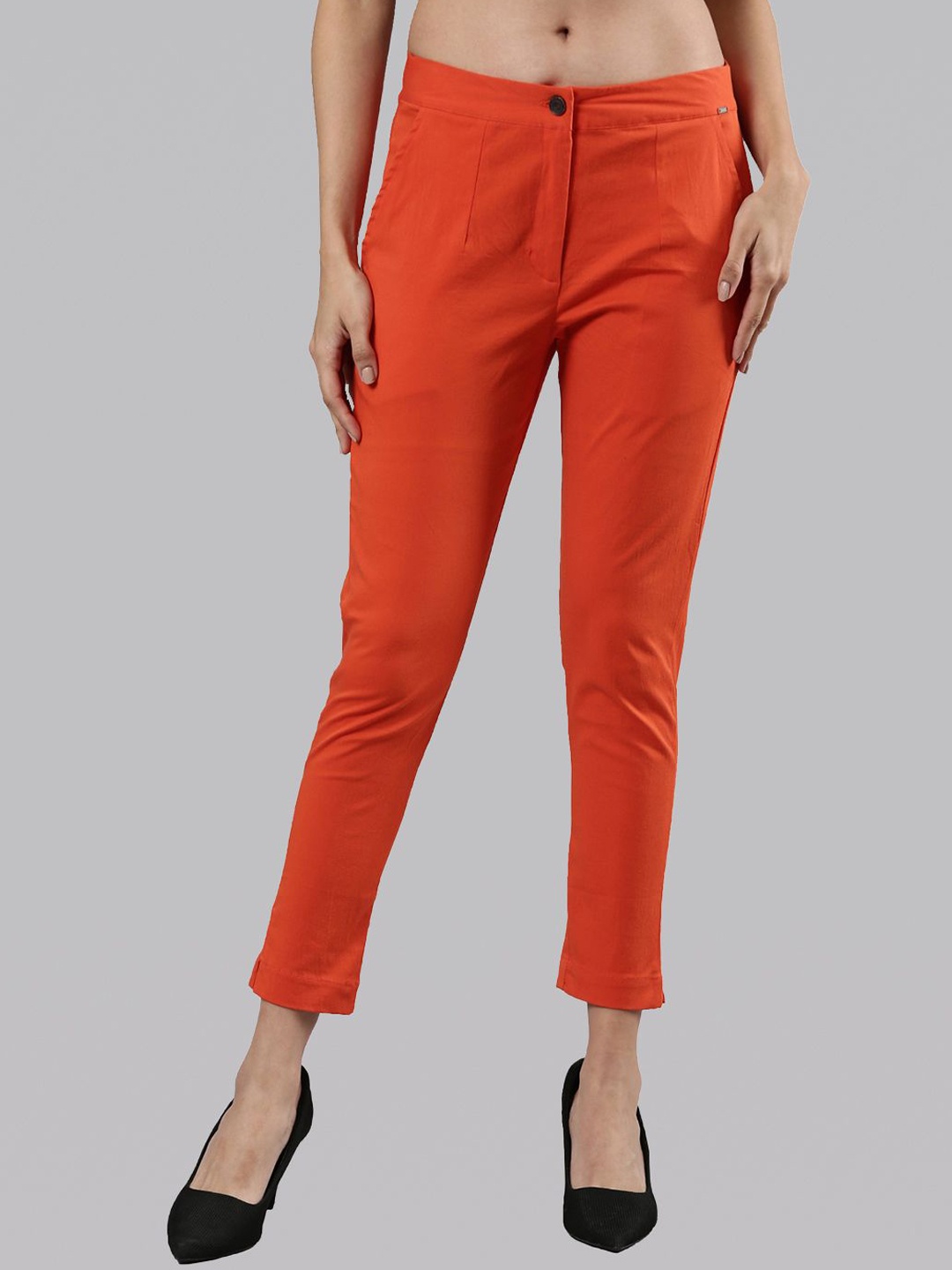 

Femmora Women Comfort Straight Fit Mid-Rise Cotton Flat-Front Trousers, Orange