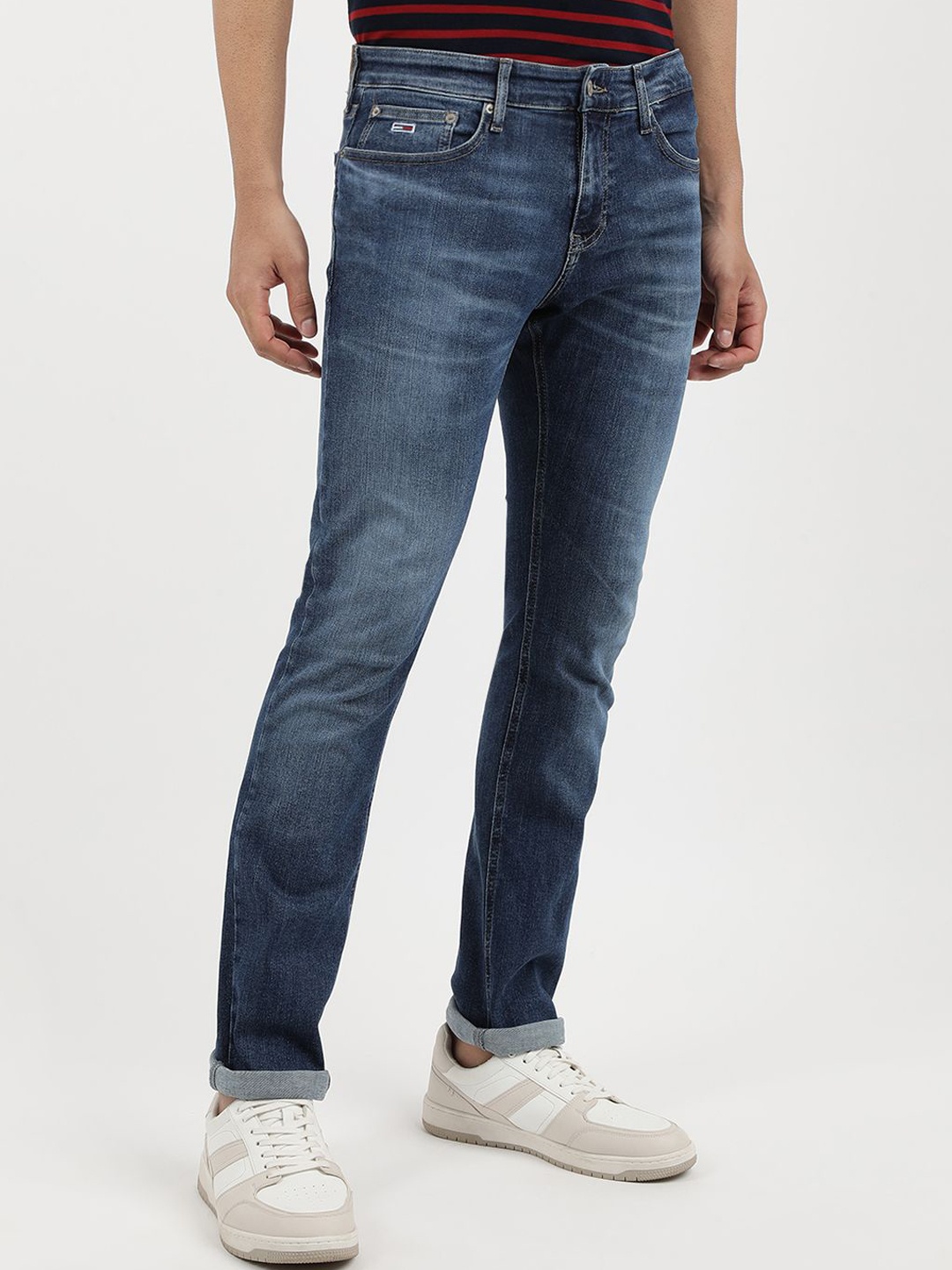 

Tommy Hilfiger Men Slim Fit Low Distress Light Fade Jeans, Blue