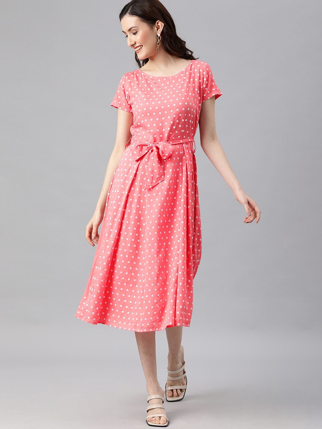 

Swishchick Polka Dot Printed A-Line Midi Dress, Peach