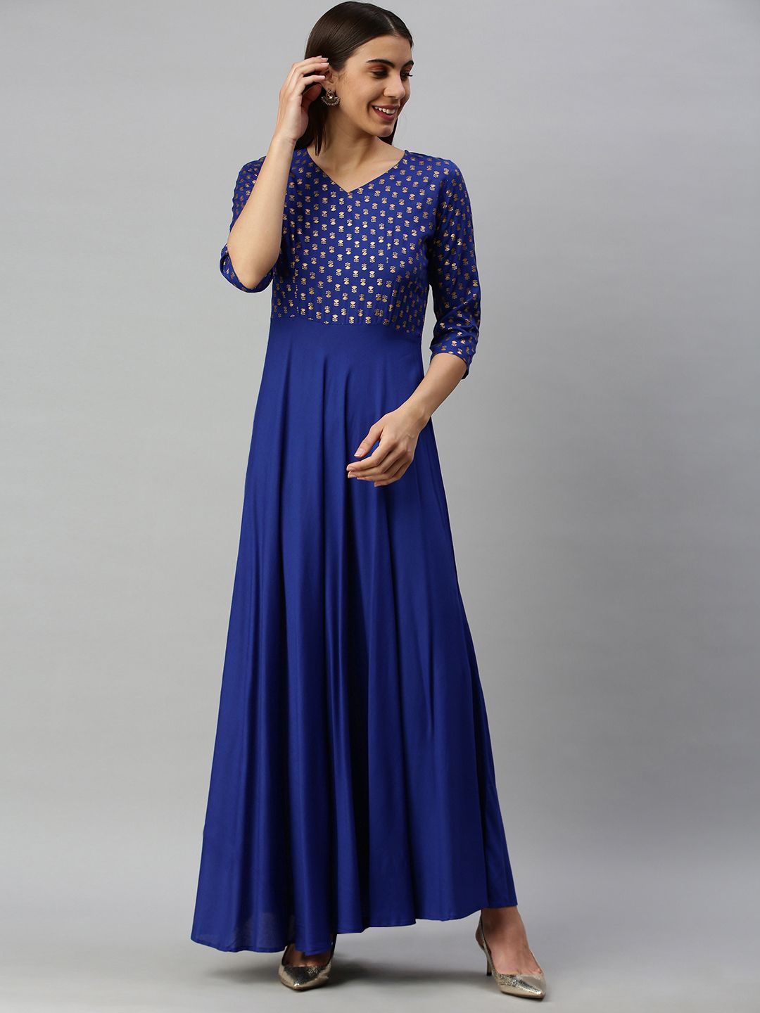 

Swishchick Printed Fit and Flare Ethnic Dress, Navy blue