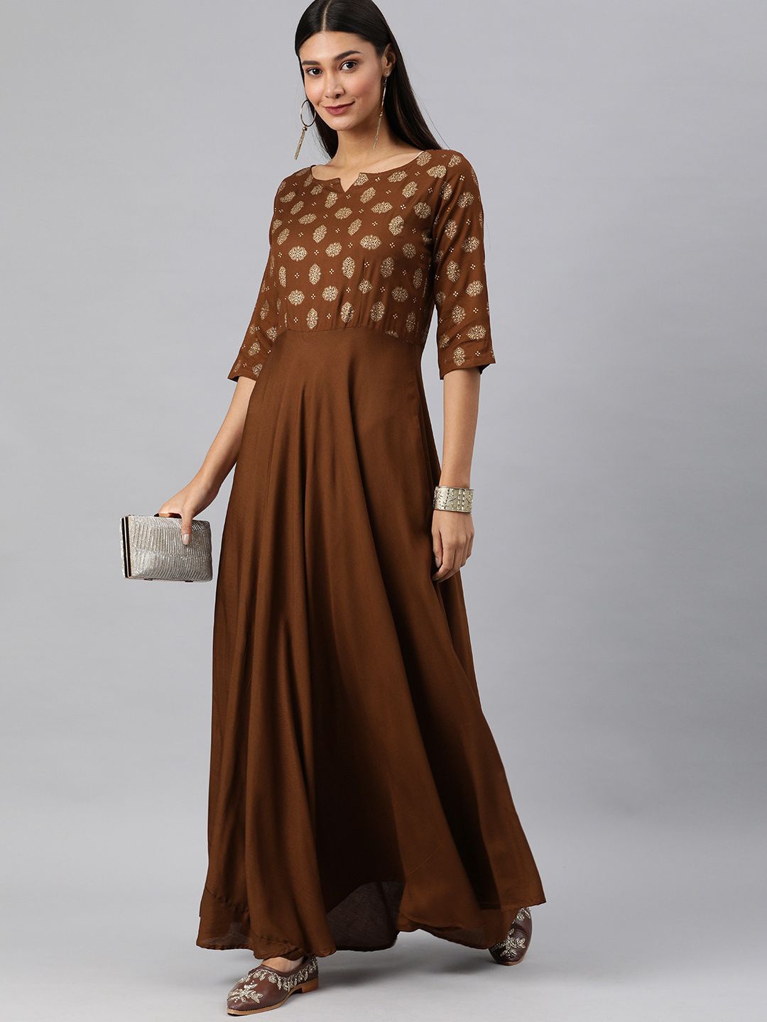 

Swishchick Printed Round Neck Fit and Flare Maxi Dress, Brown