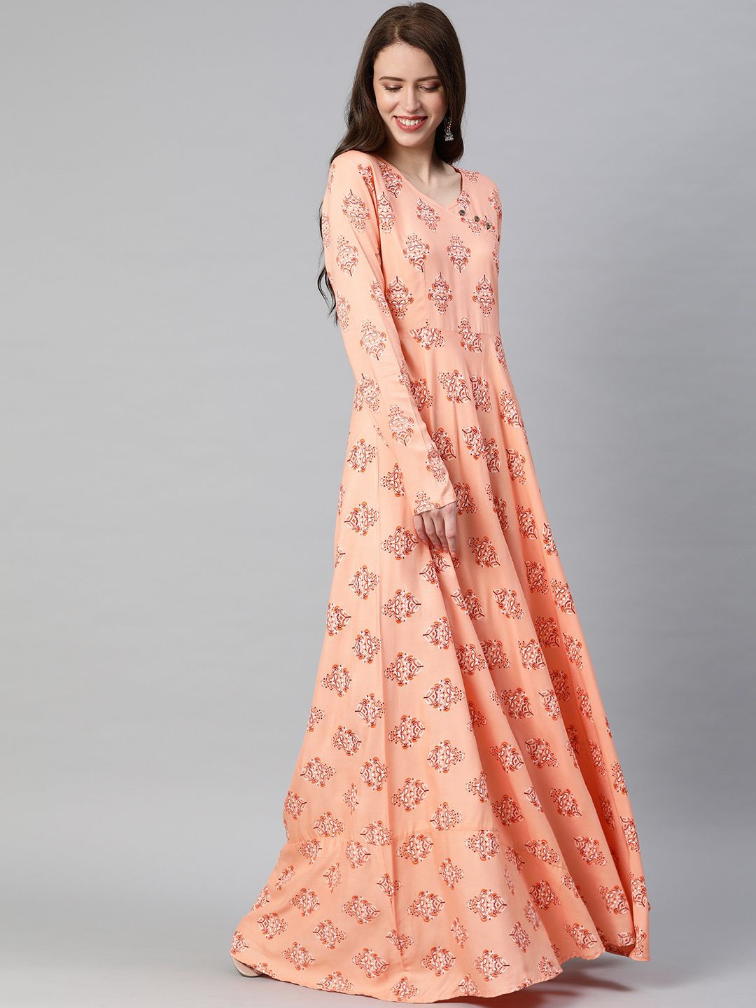 

Swishchick Women Ethnic Motifs Printed Long Sleeves Round Neck Maxi Dress, Peach