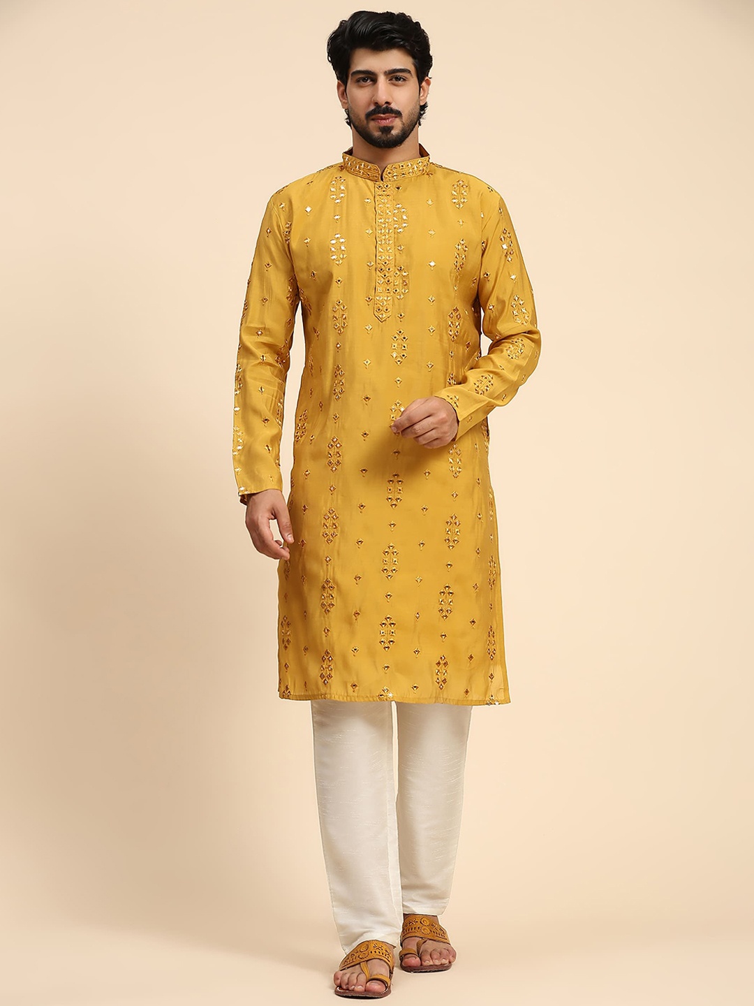 

Rawayi Geometric Embroidered Mirror Work Mandarin Collar Pure Silk Straight Kurta, Mustard