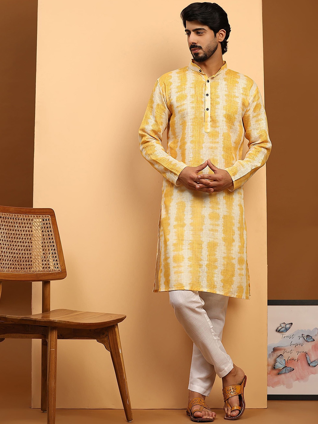

Rawayi Tie & Dye Mandarin Collar Linen Straight Kurta, Yellow