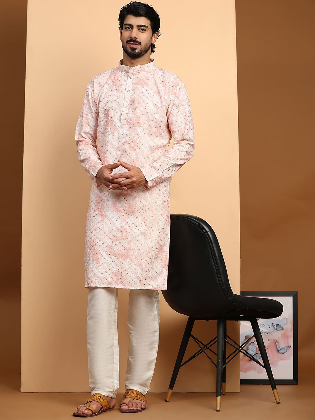 Rawayi Tie & Dye Sequinned Mandarin Collar Pure Cotton Straight Kurta, Pink