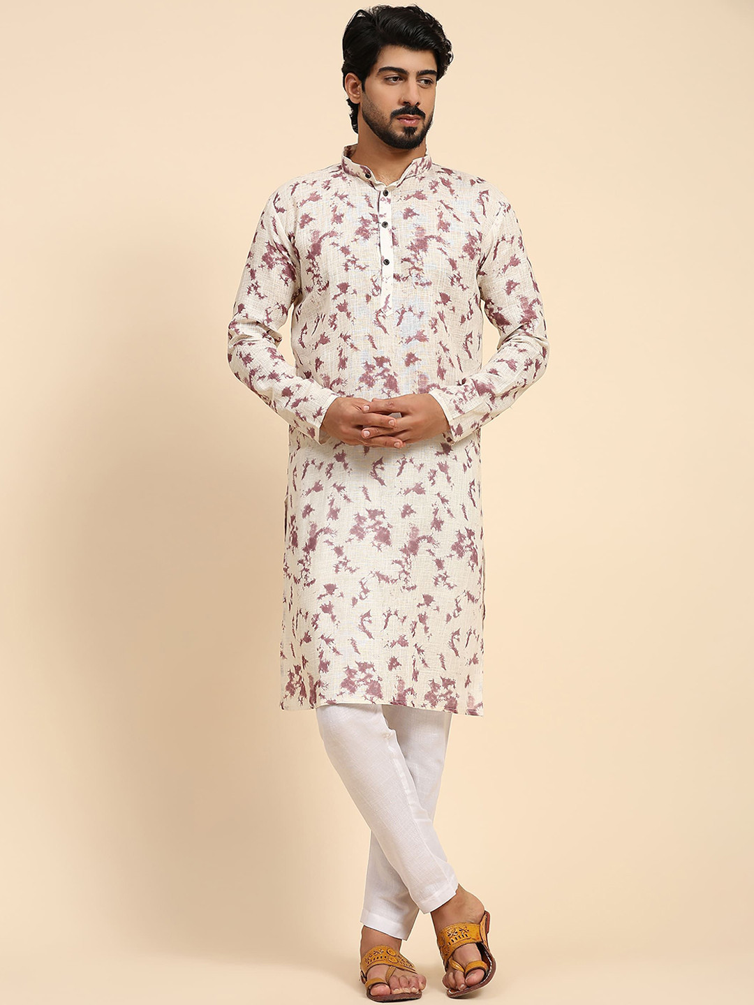 

Rawayi Tie & Dye Mandarin Collar Linen Straight Kurta, Mauve