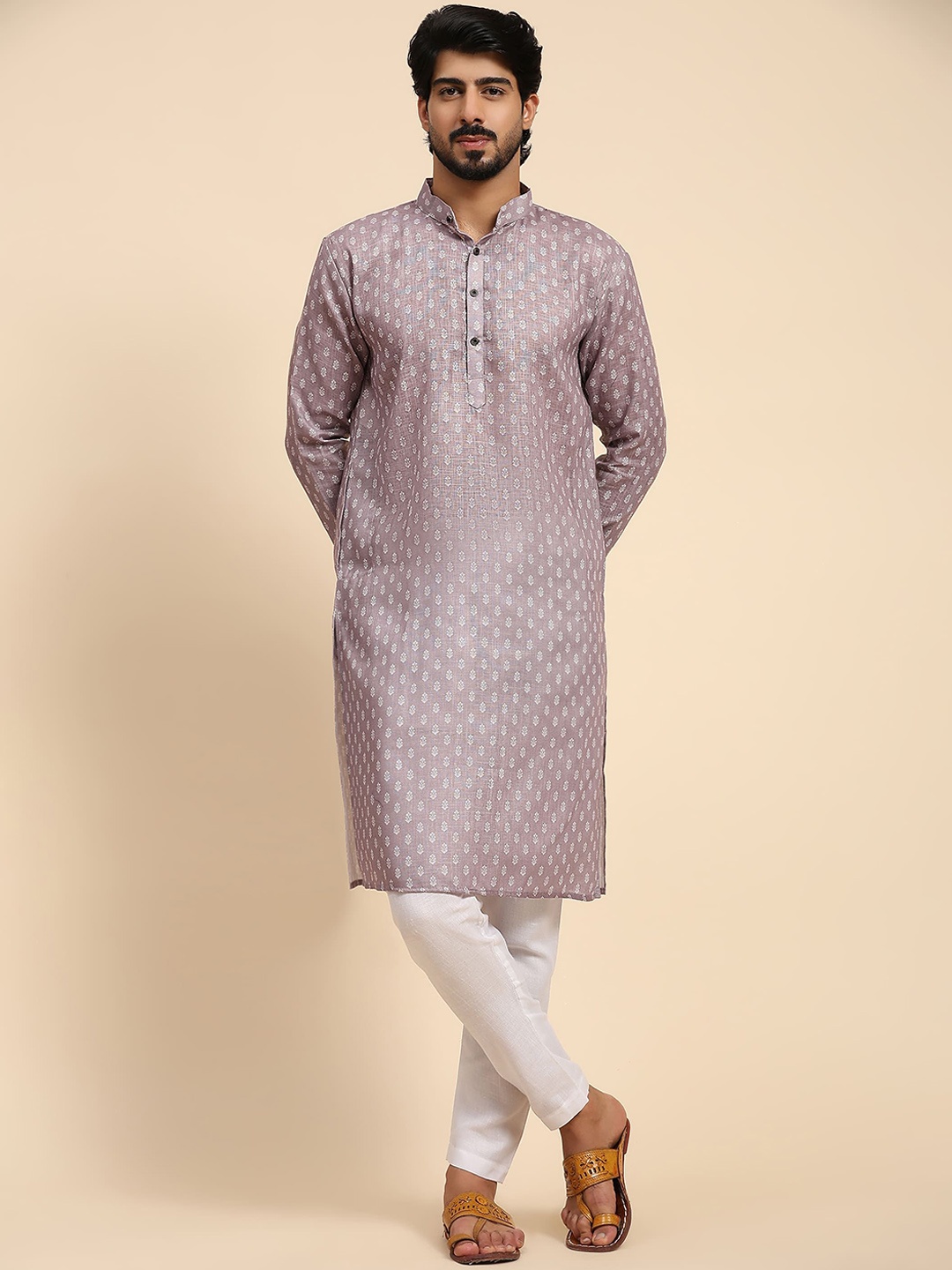 

Rawayi Ethnic Motifs Printed Mandarin Collar Linen Straight Kurta, Purple