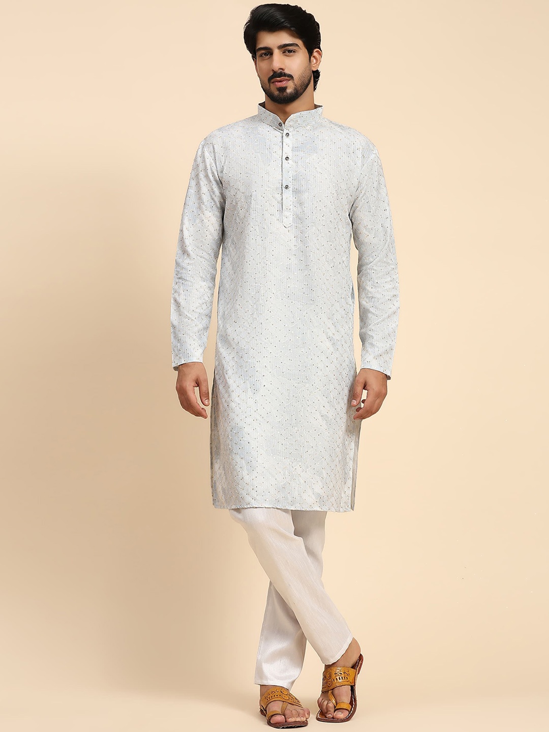 

Rawayi Abstract Printed Sequinned Mandarin Collar Pure Cotton Straight Kurta, Blue