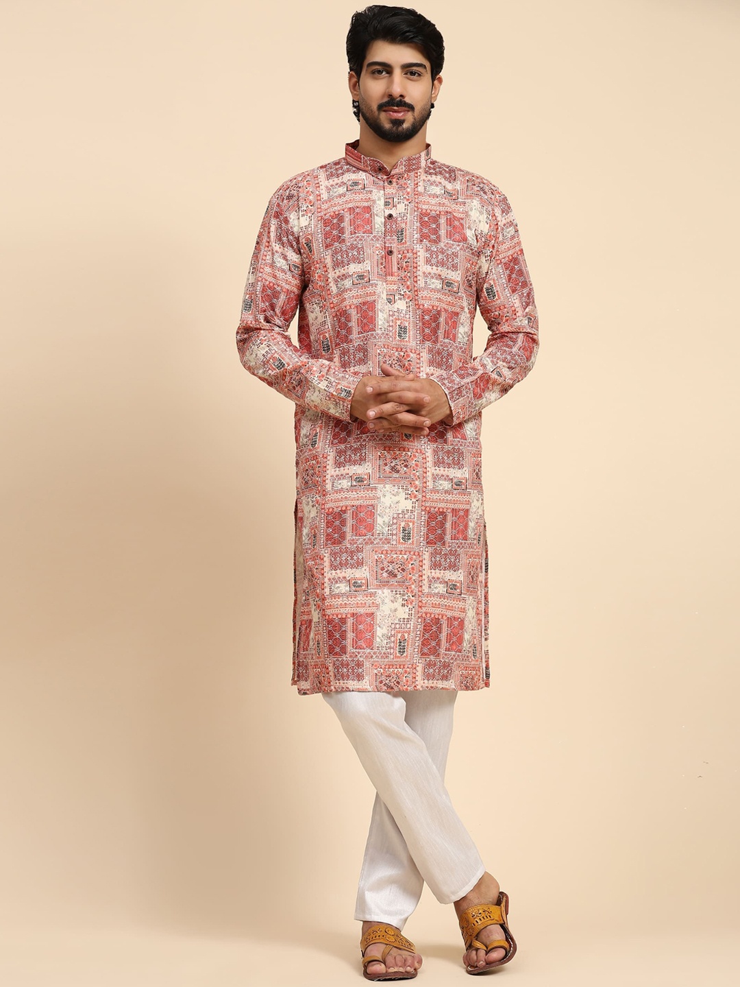 

Rawayi Ethnic Motifs Printed Sequinned Mandarin Collar Pure Cotton Straight Kurta, Red