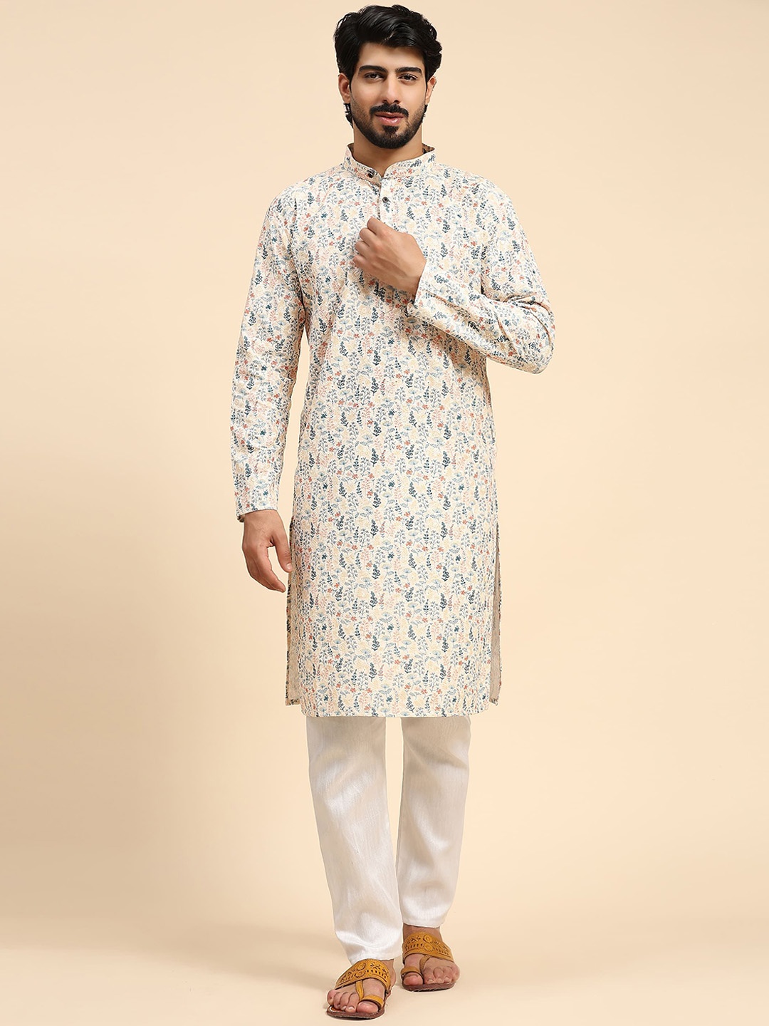 

Rawayi Floral Printed Mandarin Collar Thread Work Straight Kurta, Cream